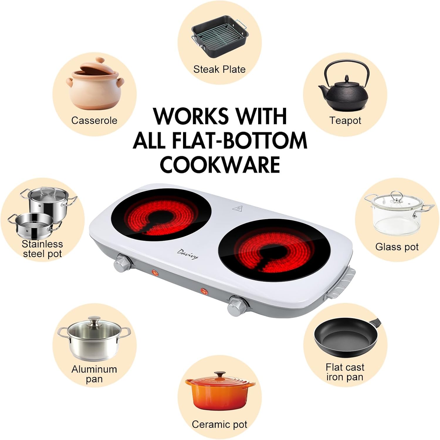 Davivy Double Burner Electric Hot Plate, 1800W (2x900W) Portable Electric Stove, 2-Burner Cooktop with Crystallite Ceramic Glass, Dual Heating Zones, Flexible Temp Control, for Kitchen, RV, Dorm