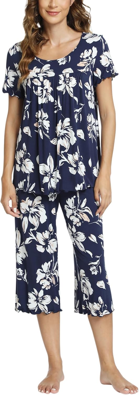 LazyCozy Womens Pajama Sets Viscose from Bamboo Pj Set Short Sleeve Top with Capri Pants Sleepwear 2 Piece Lounge Set