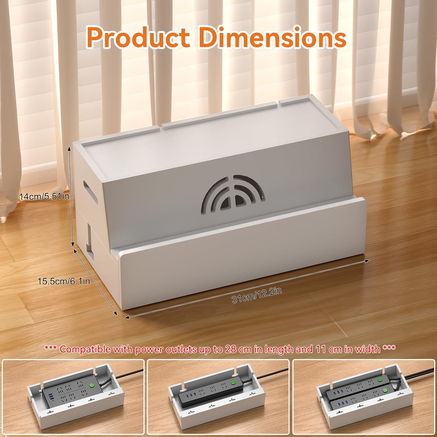 Bamboo Cable Management Box, White, 31X14X15.5CM, Cable Organizer Box for Desk with Conceal Power Cords and Power Strips, Suitable for Living Rooms, bedrooms, Offices and More