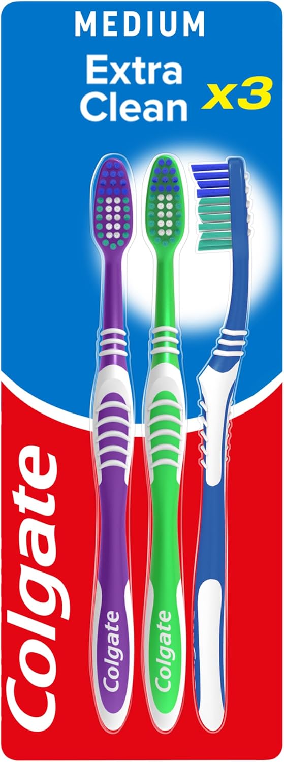 Colgate Extra Clean Medium Toothbrush (Assorted) with a Cleaning Tip that Reaches and Cleans Back Teeth, (Pack of 3) Colgate Extra Clean Medium Toothbrush (Assorted) with a Cleaning Tip that Reaches and Cleans Back Teeth, (Pack of 3)