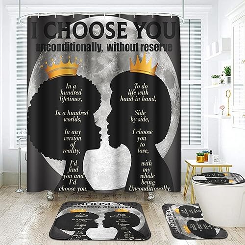 Miniatura 6 de Juego de 4 cortinas de ducha, dos amantes con alfombras antideslizantes, cubierta para tapa de inodoro y tapete de baño, juego de decoración