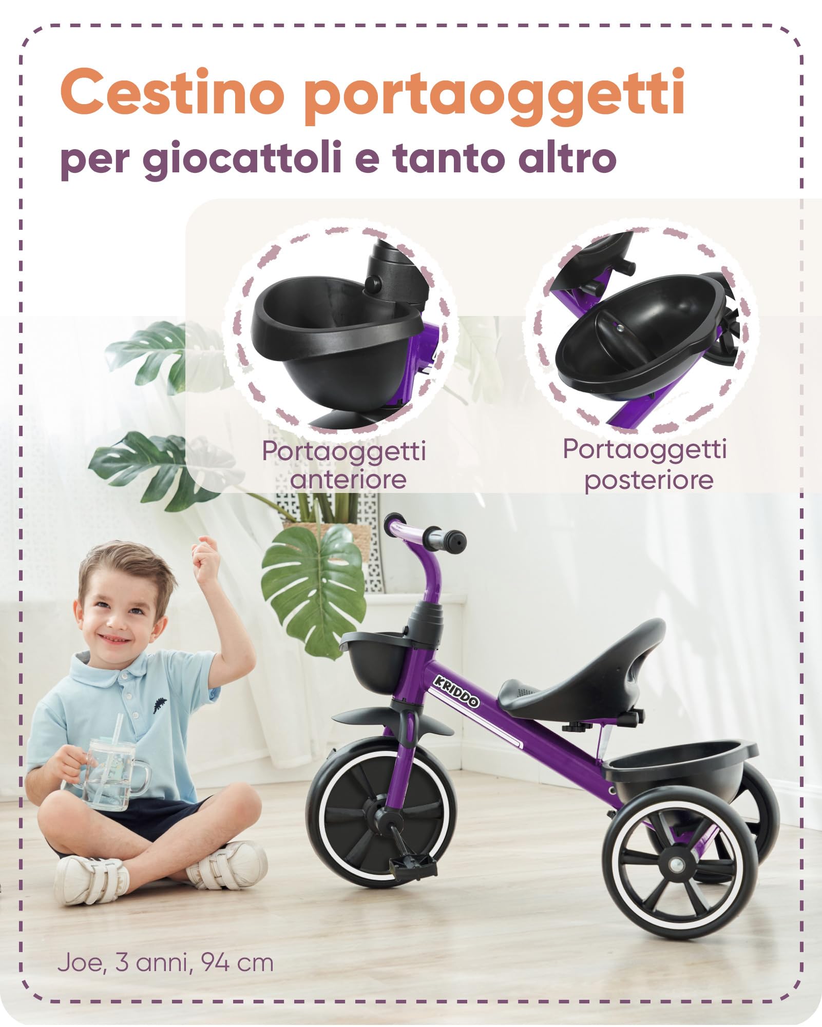 KRIDDO Triciclo per Bambini dai 24 mesi ai 5 anni, Tricicli per bambini da 2,5 a 5 anni, Triciclo Evolutivo da 2 a 4 anni, con Cestello Portaoggetti, Ideale da regalare, Viola