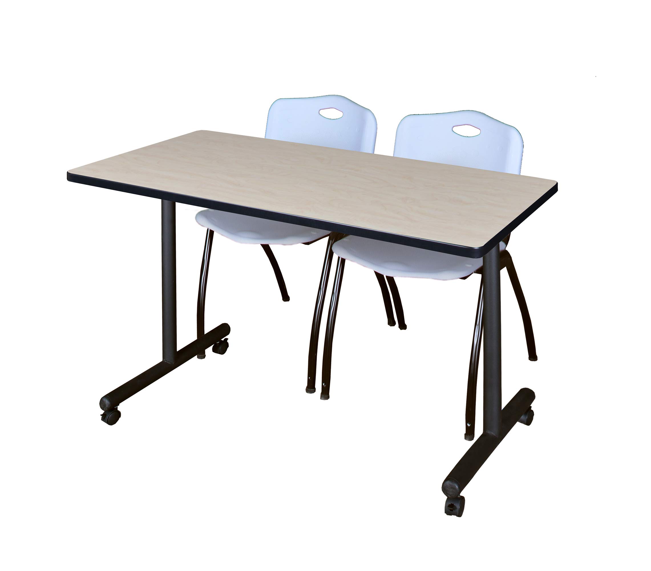 Romig Axis-Pro 48 x 24 in. Mobile T-Base Training Table- Maple, 2 M Stack Chairs- Grey