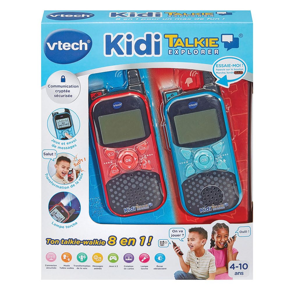 VTech - Kidi Talkie Explorer Bleu et Rouge, Talkies-Walkies Enfants avec Lampe Torche, Communication Cryptée Sécurisée, Portée de 200 Mètres, Cadeau Enfant Dès 4 Ans - Contenu en Français