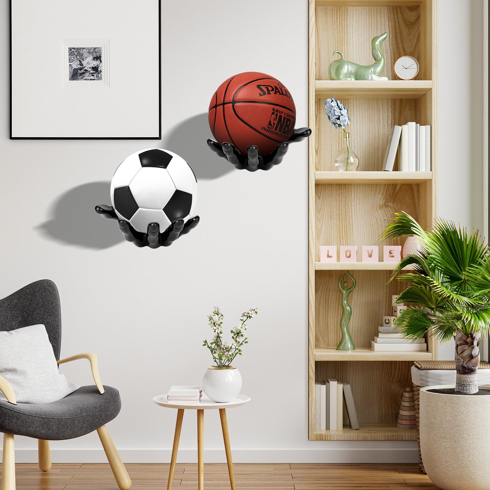 POFIBO Supporto da parete – 2 scaffali portaoggetti a mano per palline, supporto creativo per palloni, supporto da parete per pallacanestro, pallavolo, calcio