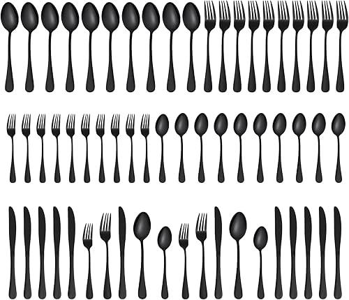 Juego de cubiertos negros de 60 piezas para 12, juego de cubiertos de acero inoxidable, cuchillos, cucharas y tenedores, pulido con espejo, apto