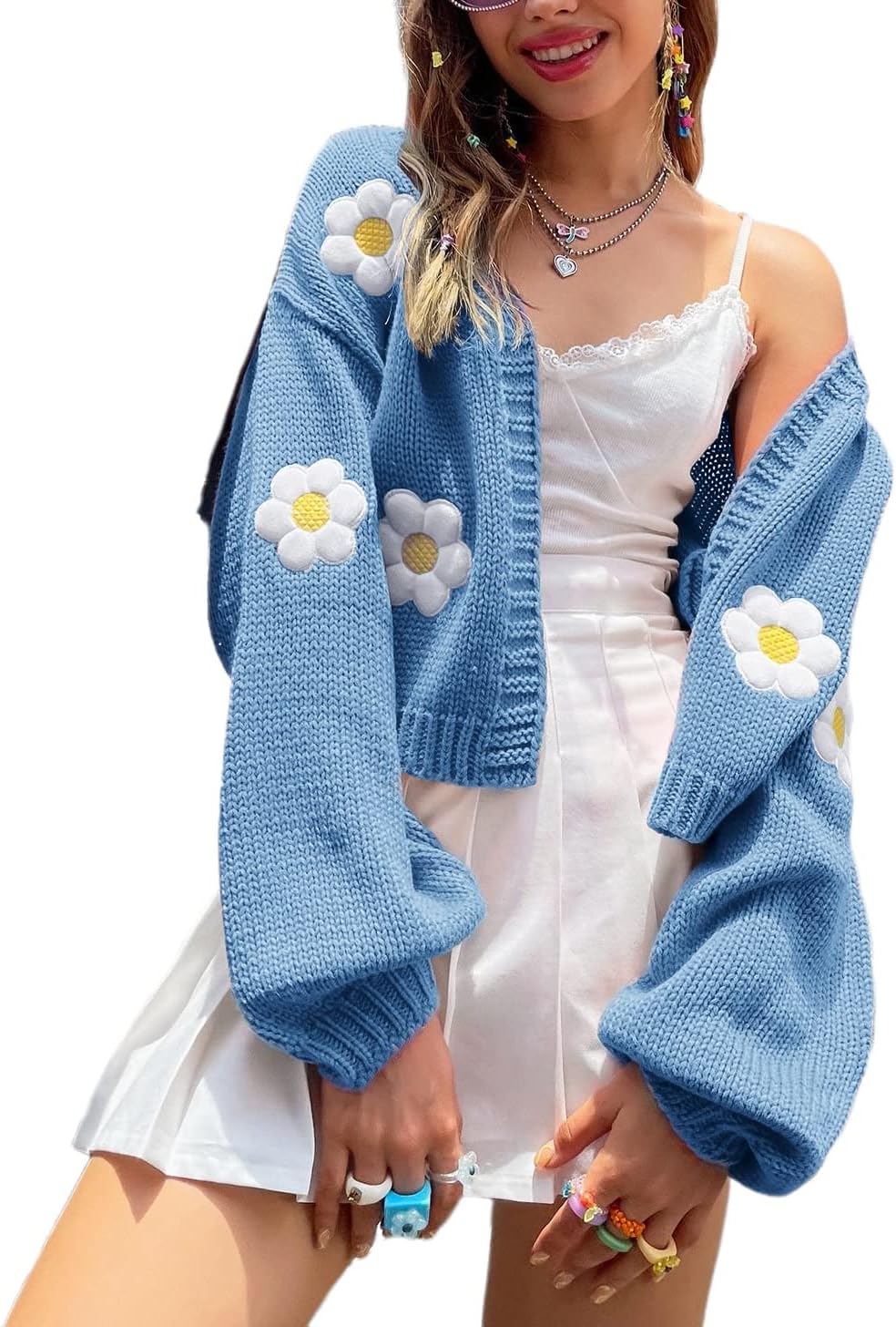 Womens Y2K Cardigan Sweaters Long Sleeve Open Front Cropped Flower Knit Cardigan Aesthetic 90s Shrug Back to College Outfits