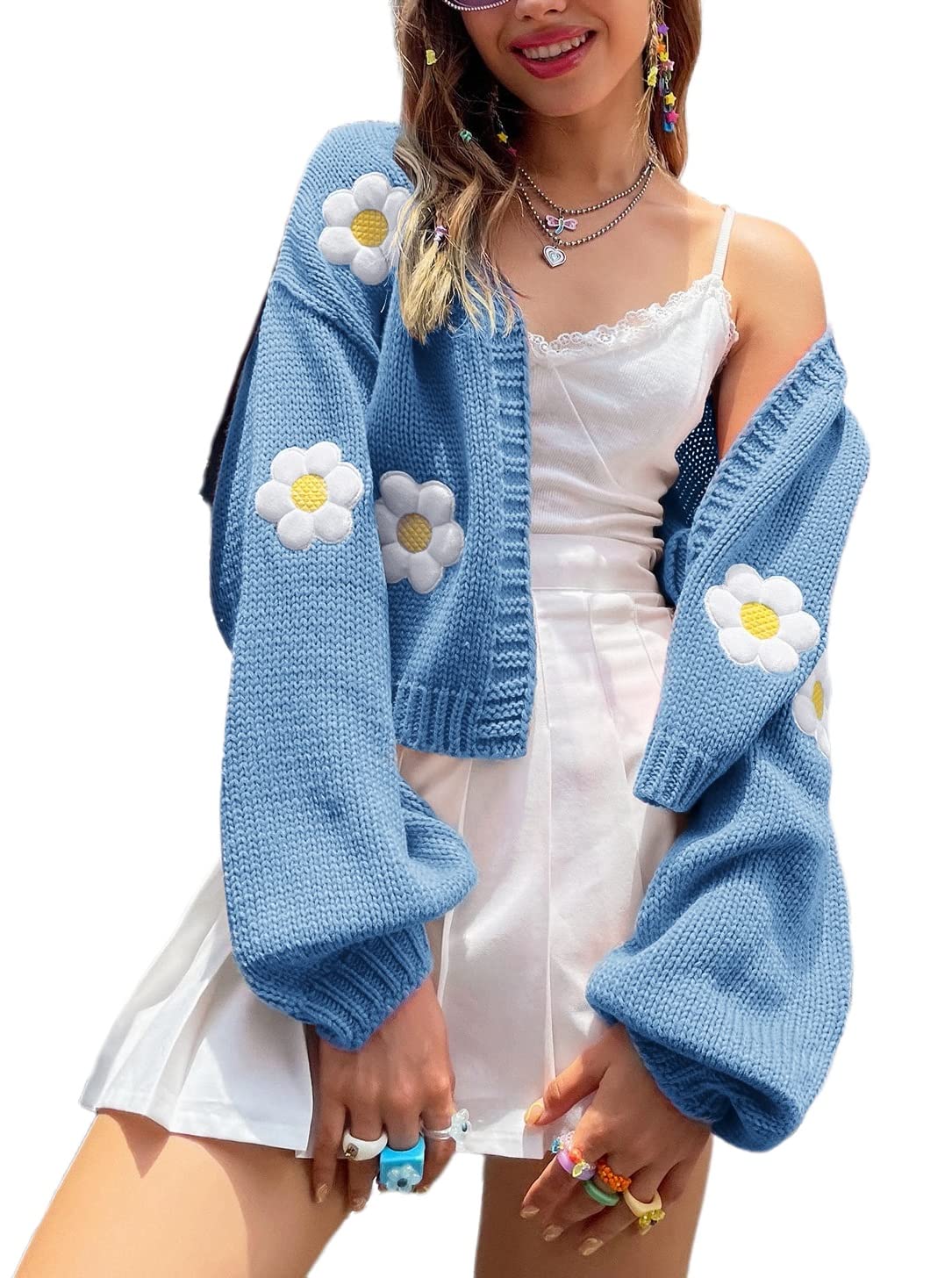 Womens Y2K Cardigan Sweaters Long Sleeve Open Front Cropped Flower Knit Cardigan Aesthetic 90s Shrug Back to College Outfits