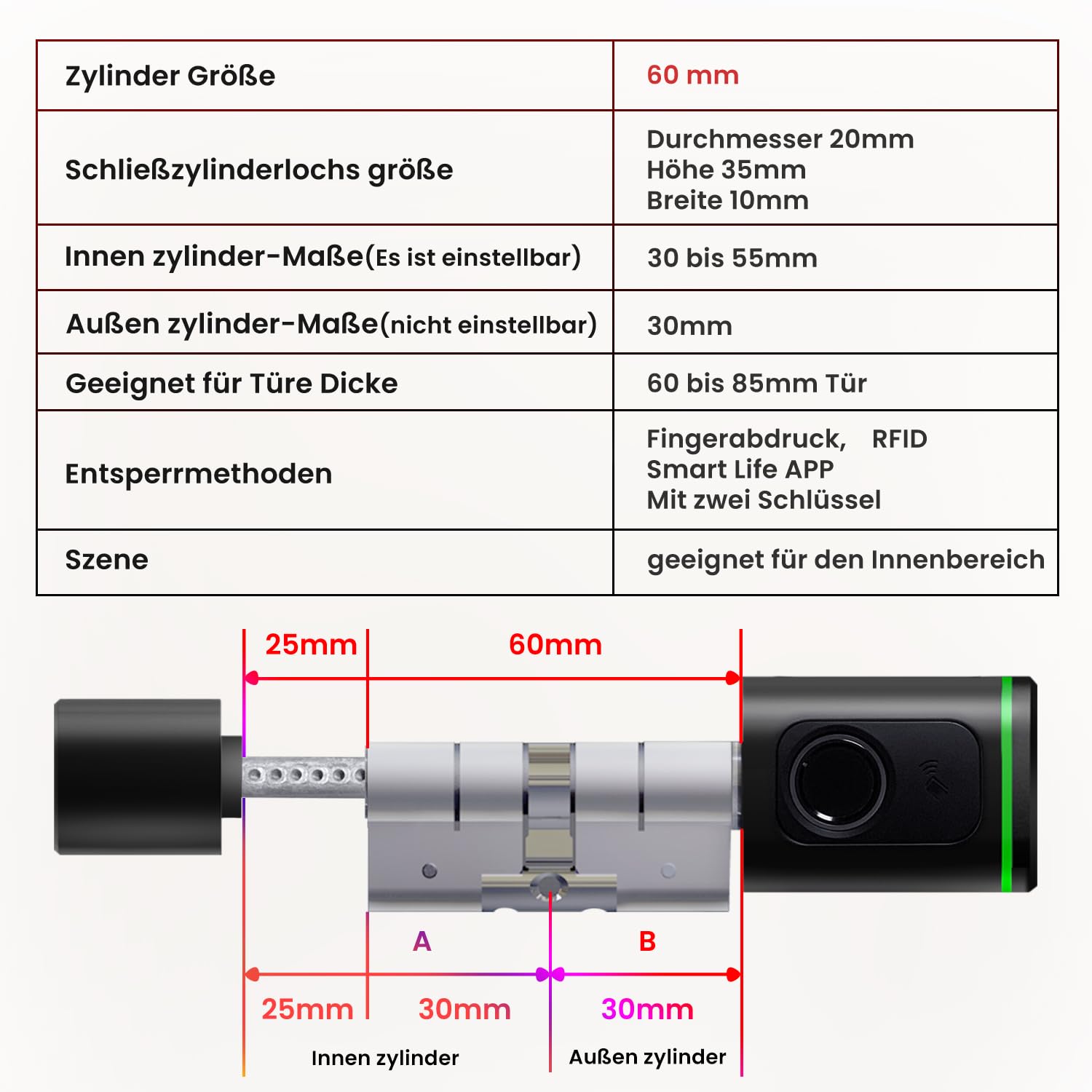 Smart Serrure de porte électronique 60 mm (30/30) avec empreinte digitale, 2 clés, carte IC