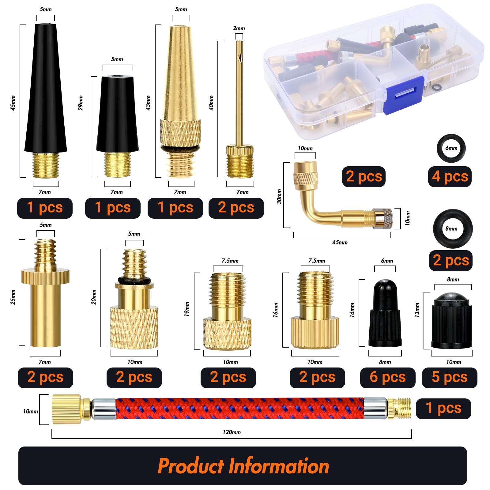 Zestaw adapterów do wentylu rowerowego, 32 sztuki, adapter do wentylu francuskiego, adapter do wentylu samochodowego, adapter do wentylu sprężarki, zestaw naprawczy do roweru, pompki