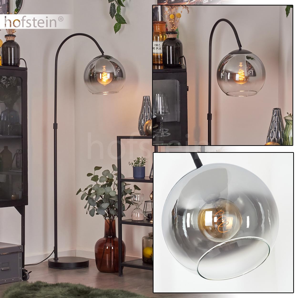 Lampada da terra Koyoto, lampada da terra metallo/vetro in nero/cromo/fumo/trasparente, lampada in design retrò/vintage/industriale con paralume in vetro (Ø 25 cm) e interruttore a pedale, 1x E27,