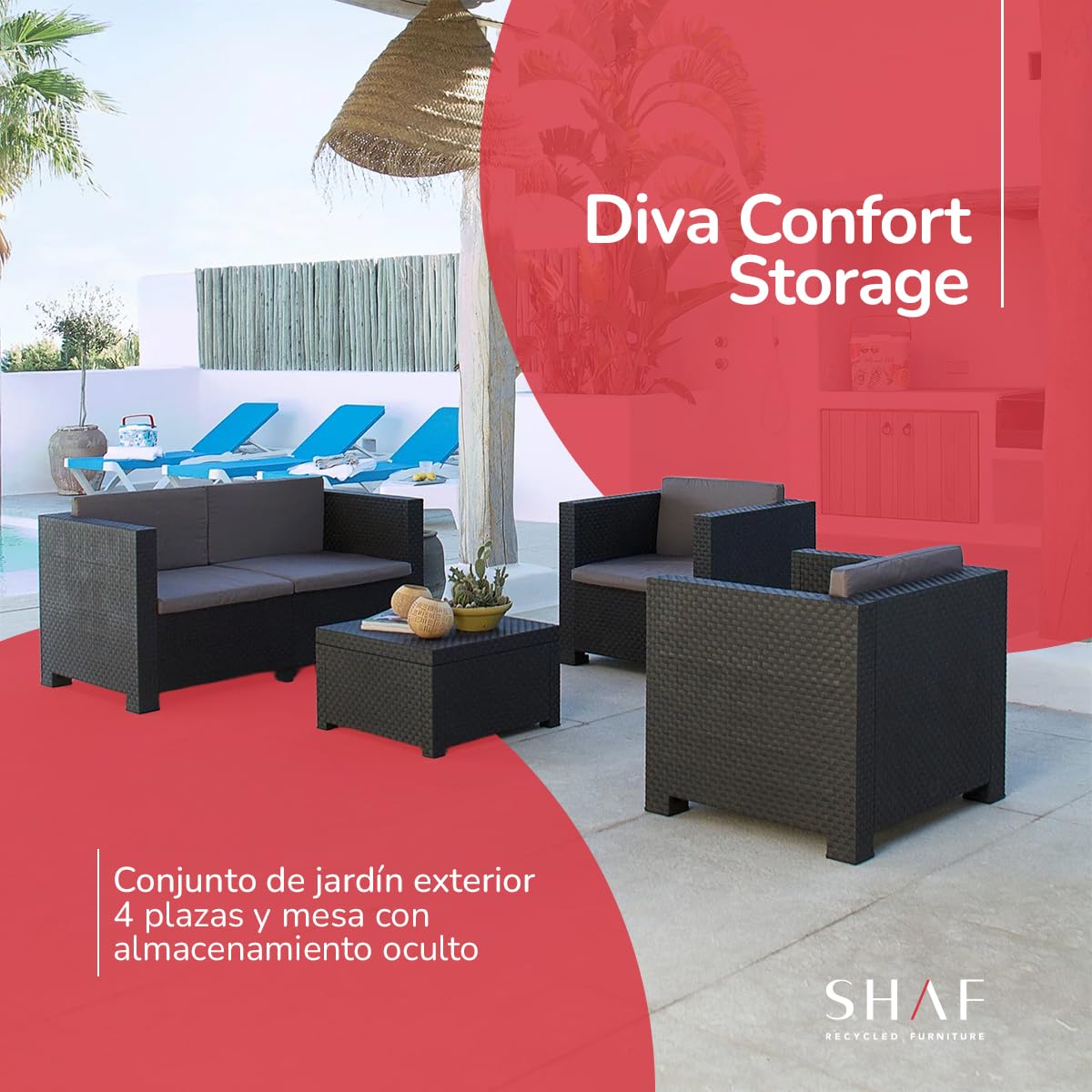 Shaf - Conjunto Jardín Exterior y Terraza - Sofá 2 Plazas, 2 Sillones con Cojines Acolchados y Mesa de Centro con Almacenamiento - Plástico Reciclado - Set Diva Confort Storage - Grafito