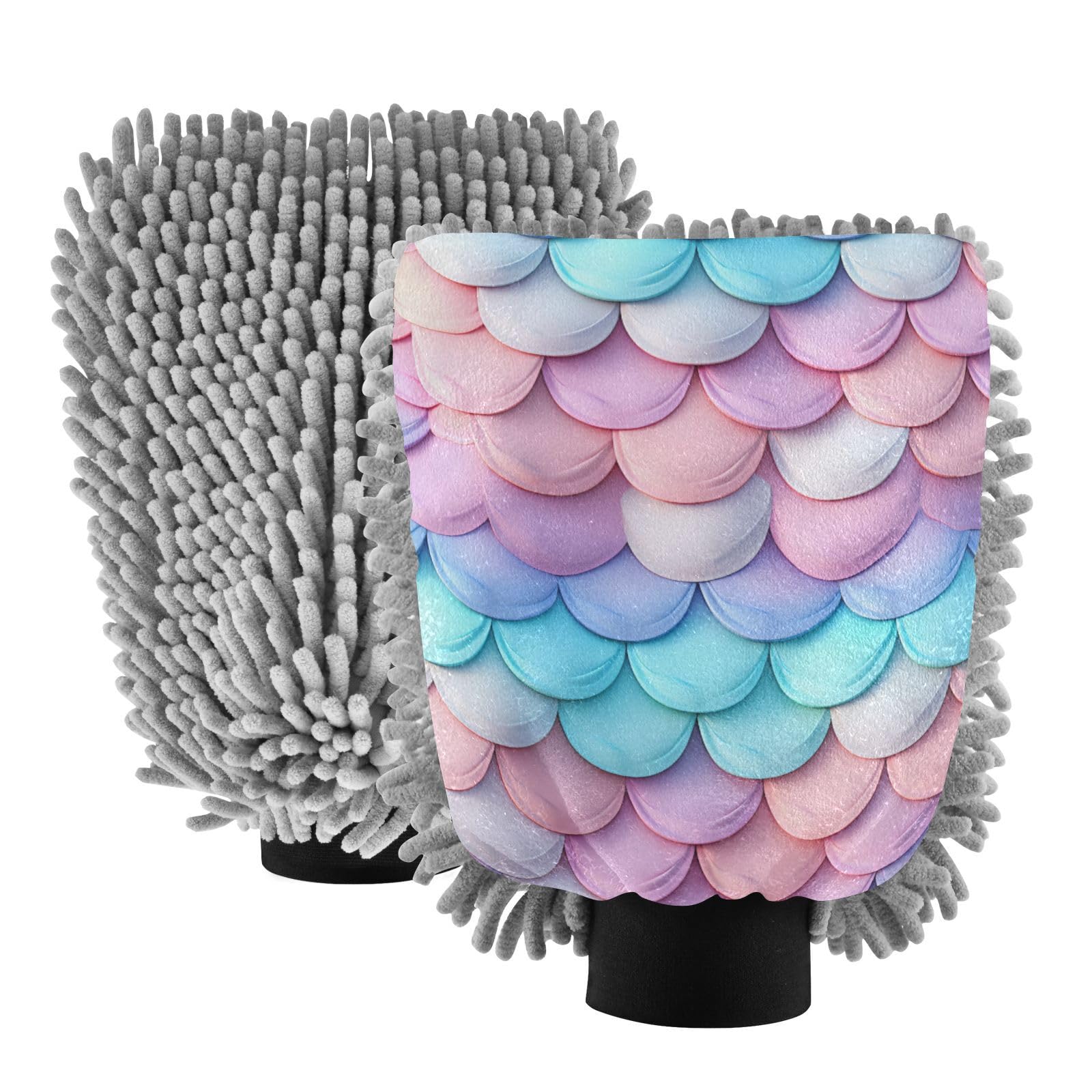 IOACIY Absorbent Microfiber Car Wash Drying Mitts, 2 Pack, Scratch-Free & Lint-Free, Rich Foam, Highly Absorbent, Double Sided, Wash Mitt Perfect for Car Washing, L, Colorful Dragon Scales (7)