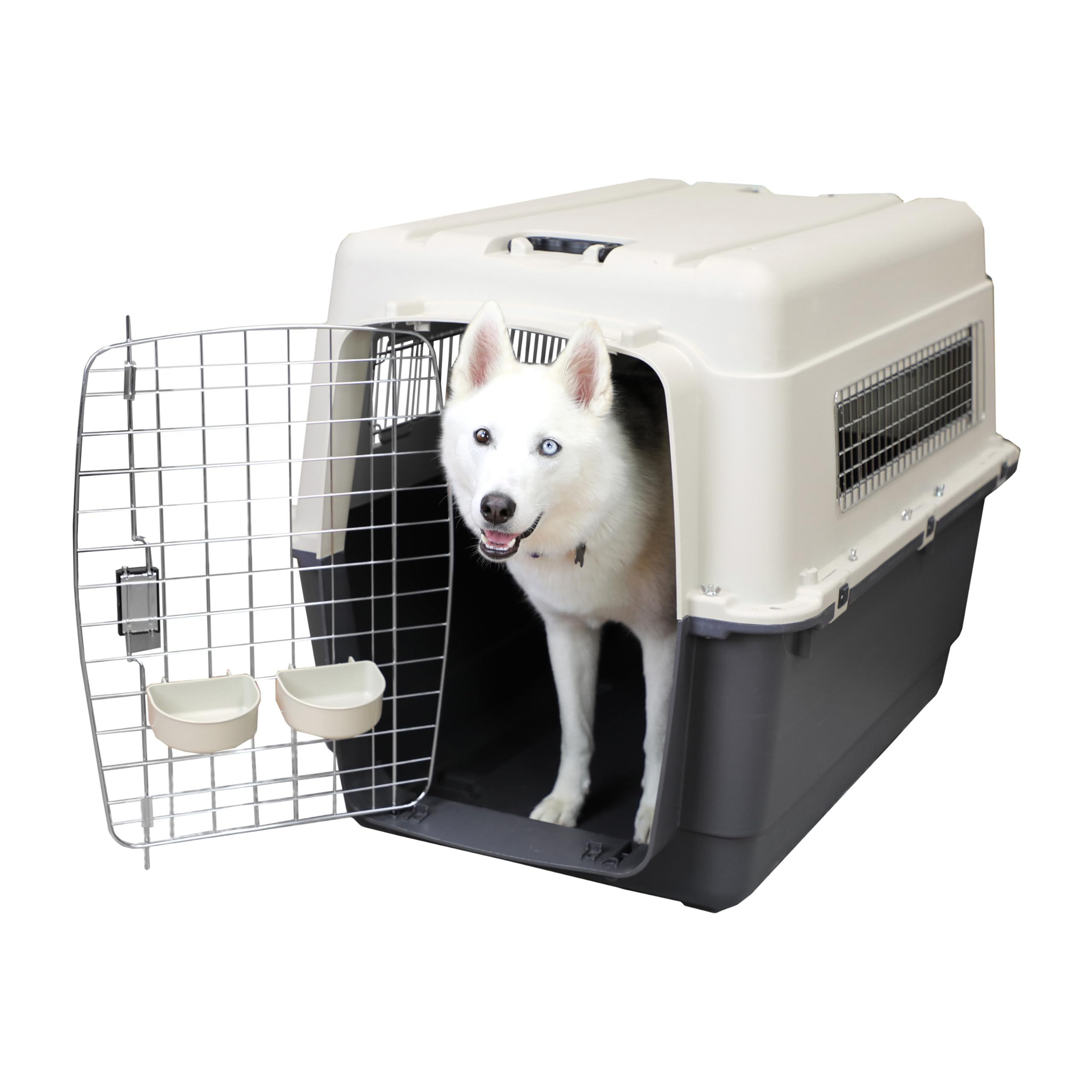 sportpet airline compliant xx-large 39" travel dog kennel-durable plastic airline pet carrier w/ removable wheels & food bowls, collapsible indoor/outdoor dog kennel, dogs up to 36"l & 27"h-cream/gray