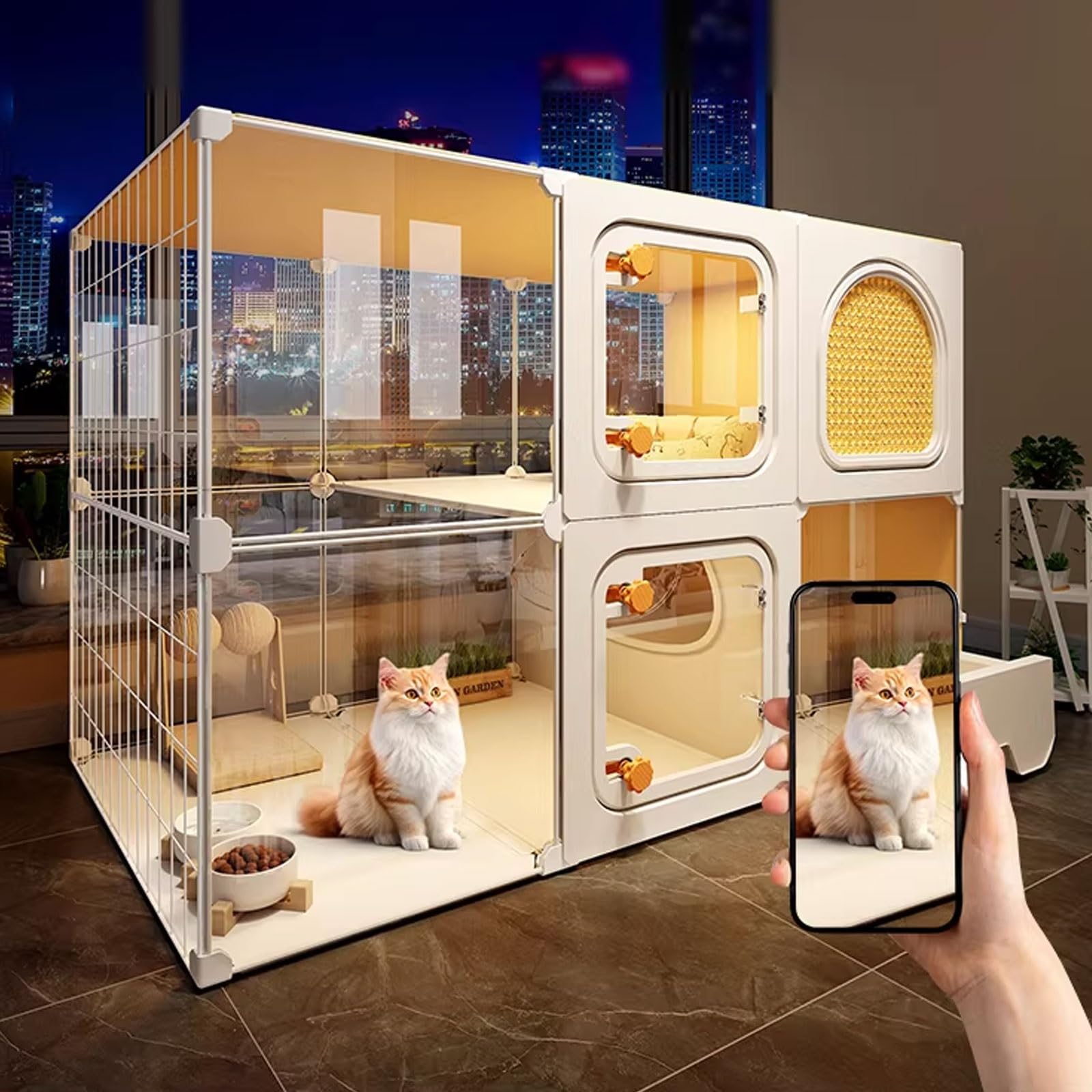 Gabbia per gatti da interno con lettiera, area intrattenimento multizona, ventilazione su entrambi i lati, adatta per 1-2 gatti