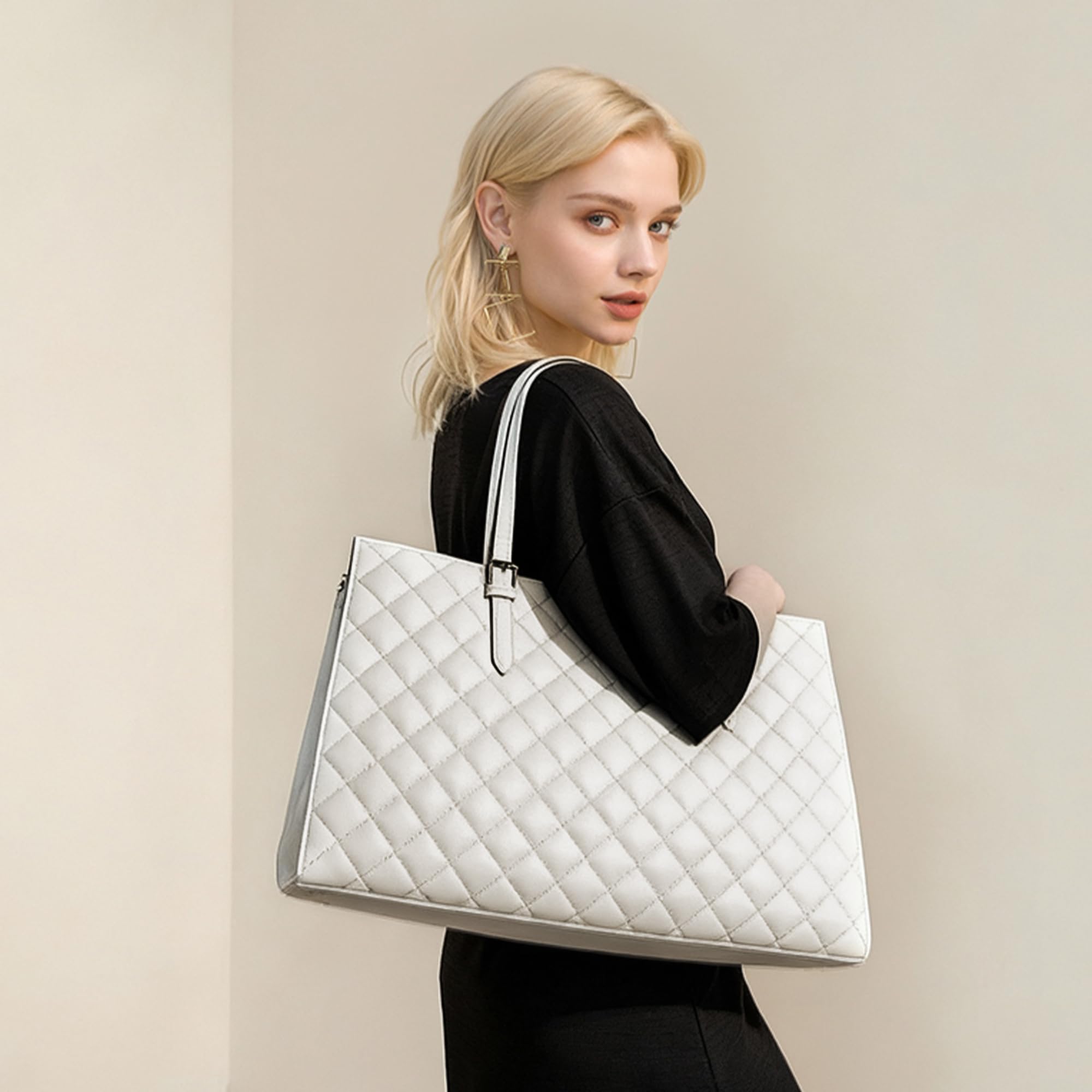 BAGOK Quilted Laptoptasche Damen aus PU Leder, Arbeitstasche Shopper Tote, Lehrertasche Nurse Bag, große Kapazität, passend für Laptops bis zu 14 Zoll, für Büro, Uni und Alltag