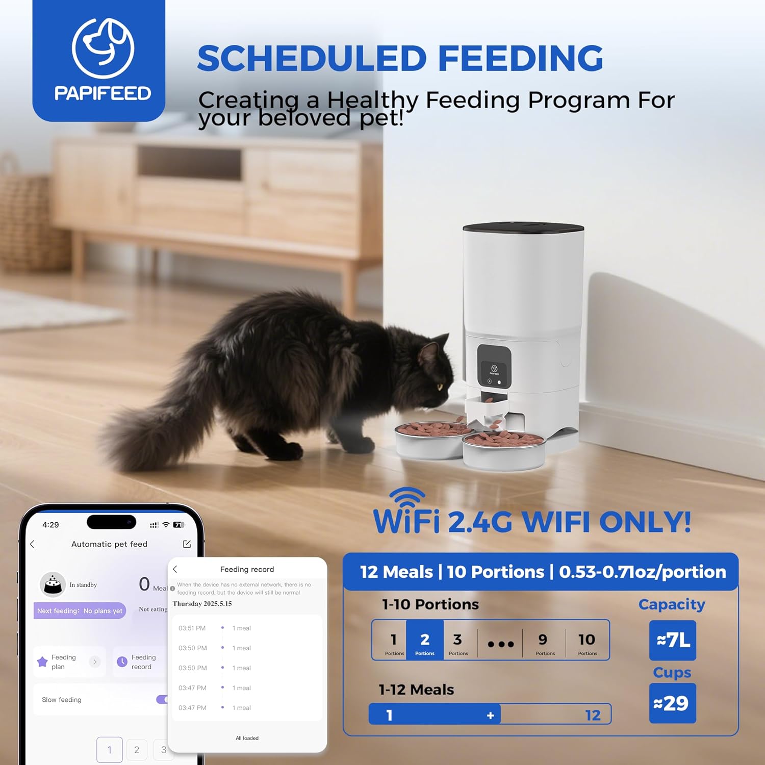PAPIFEED Automatic Cat Feeder 2 Cats, 2.4G WiFi Cat Food Dispenser with App, 7L Timed Cat Feeder for Dry Food, 10 Meals/Day, 12 Portions/Meal, Smart Pet Feeder for Small Dog, White