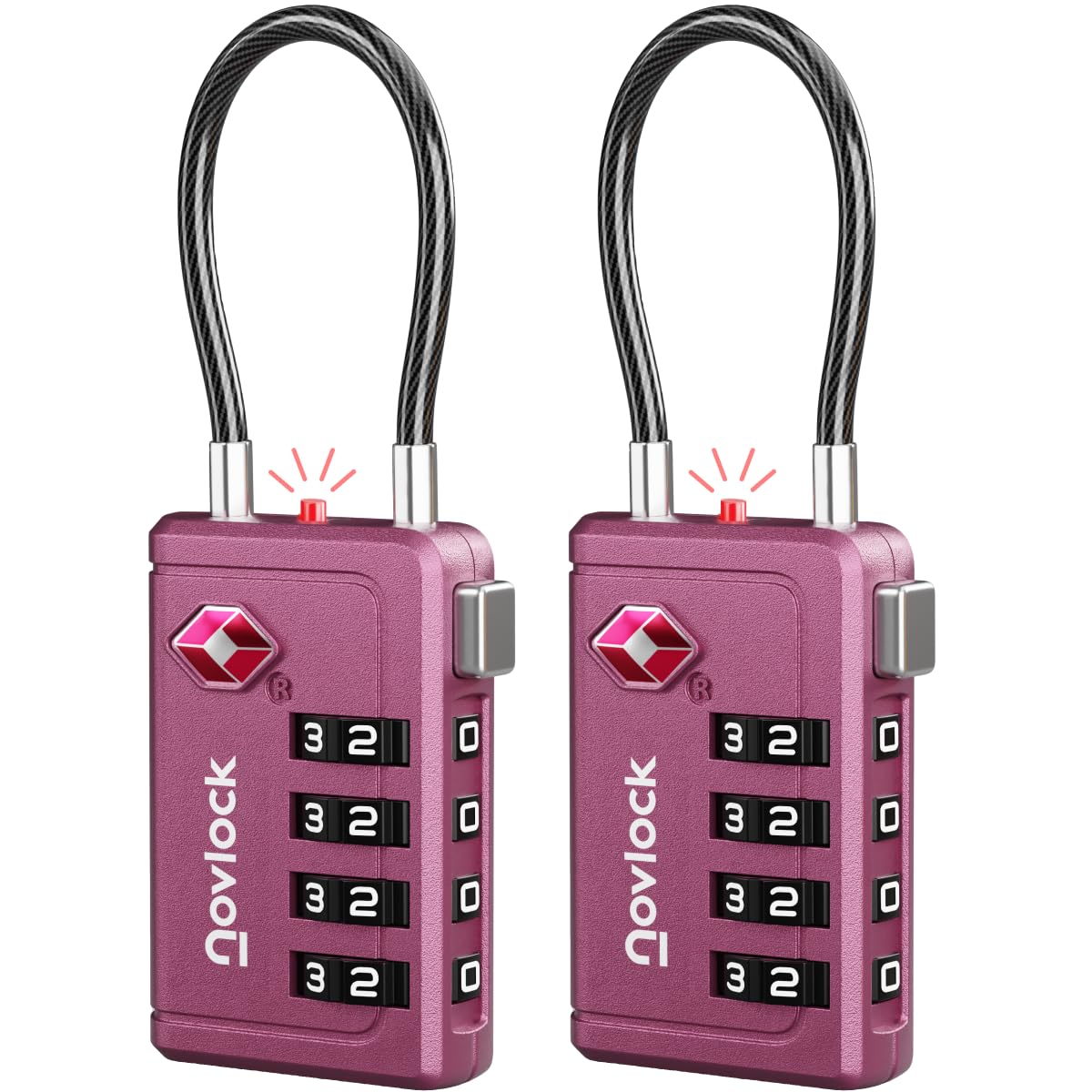 TSA Luggage Locks with Alert Indicator – 4-Digit Travel Padlocks with Flexible Cables for Suitcases, Backpacks & More – Suitcase Locks, 2-Pack, Purple