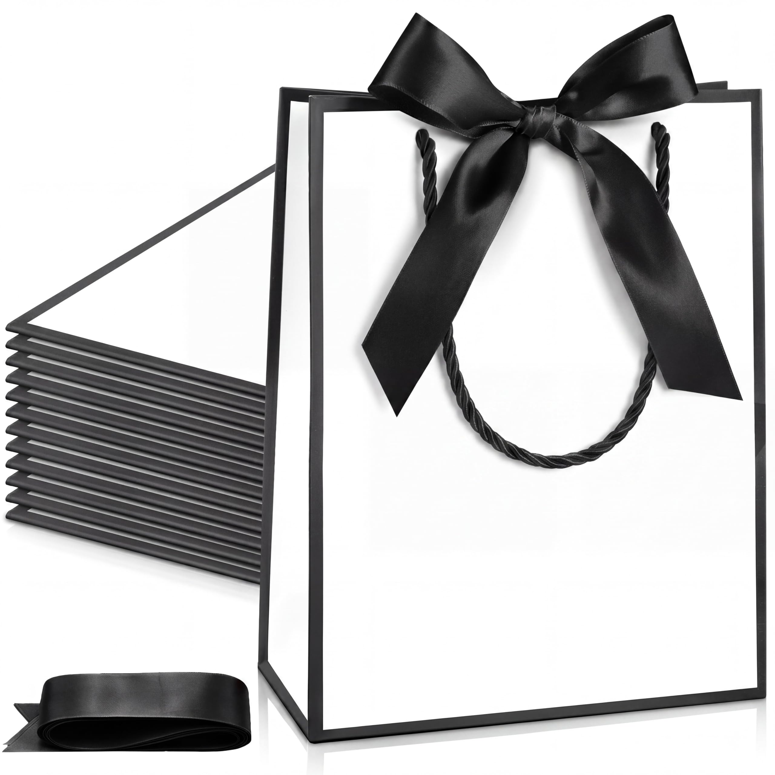 Silkfly 12 Pcs Wedding Paper Gift Bags with Handle 9x7x3.15'' Thank You Gifts Bags with Ribbon Bow Bridal Shower Gifts for Baby Shower Graduation Holiday Birthday Party Supplies (White,Black) — image 1