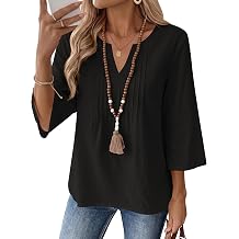 LUYAA Womens 3/4 Length Sleeve Tops Cotton Linen Shirts V Neck Pleated Tees