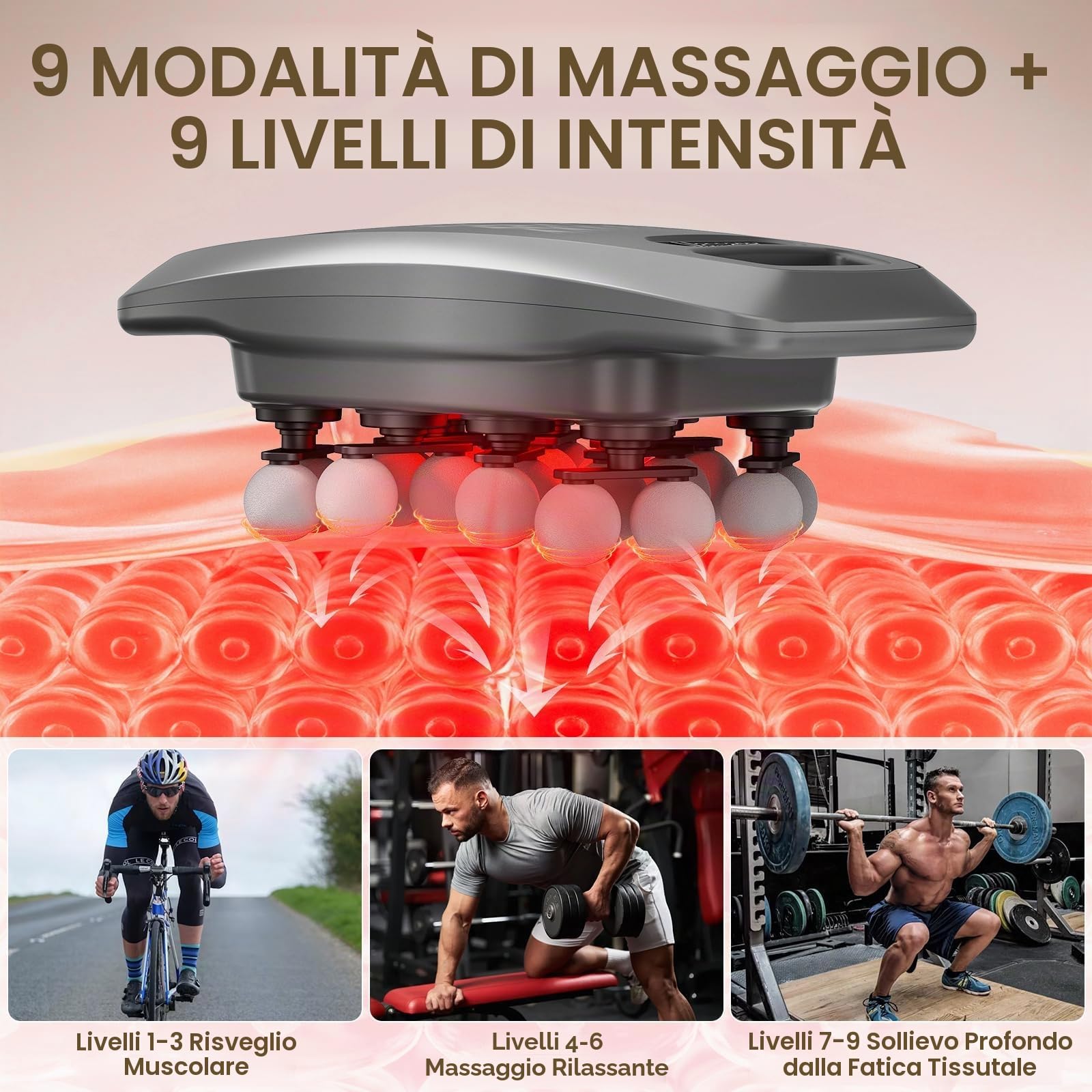 Pistola Massaggio Muscolare a 20 Testine, con 10 Testine di Ricambio, Massaggiatore per il Corpo con Luce Rossa, con 9 Modalità e 9 Velocità di Massaggio per Alleviare La Tensione Muscolare