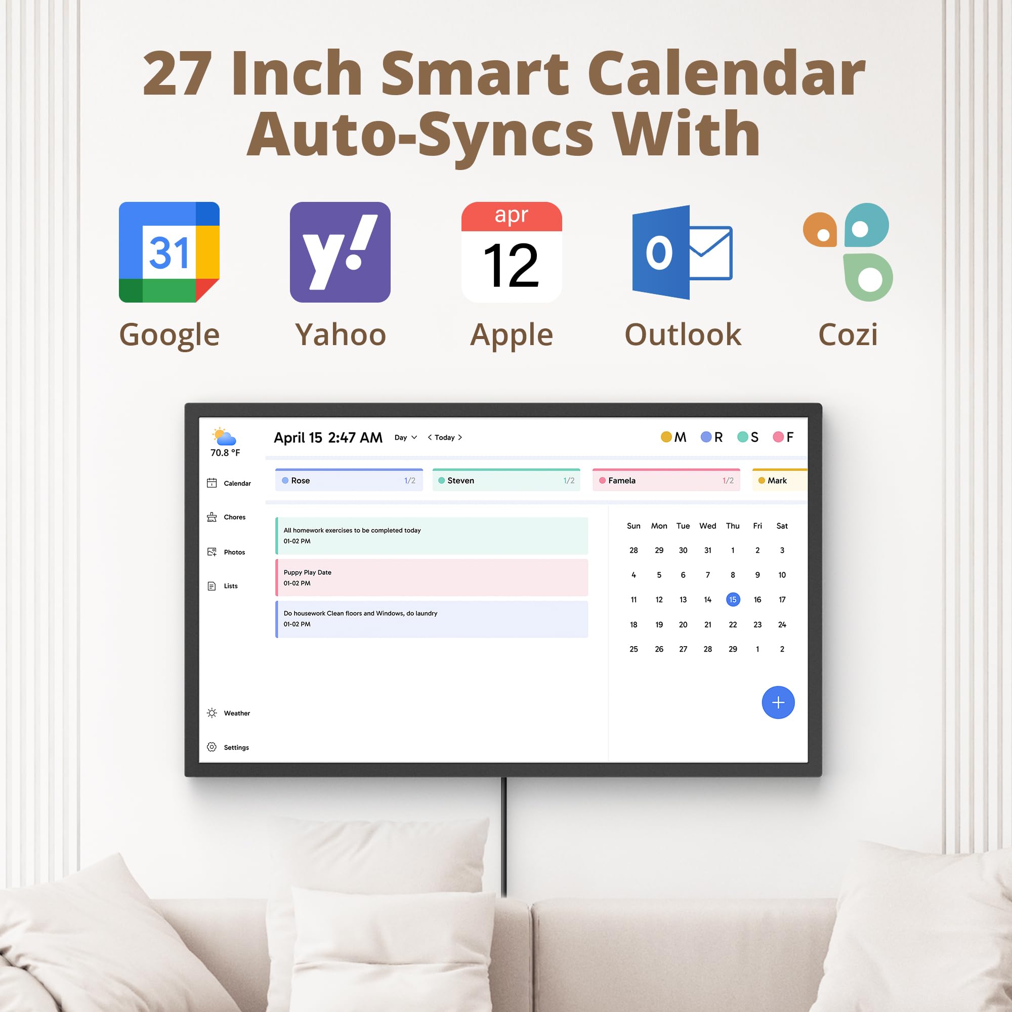 Dragon Touch Calendario, calendario digitale 2026 da 27 pollici, planner da parete per la famiglia, touchscreen interattivo Full HD 1080p, grafico intelligente delle faccende e organizzazione