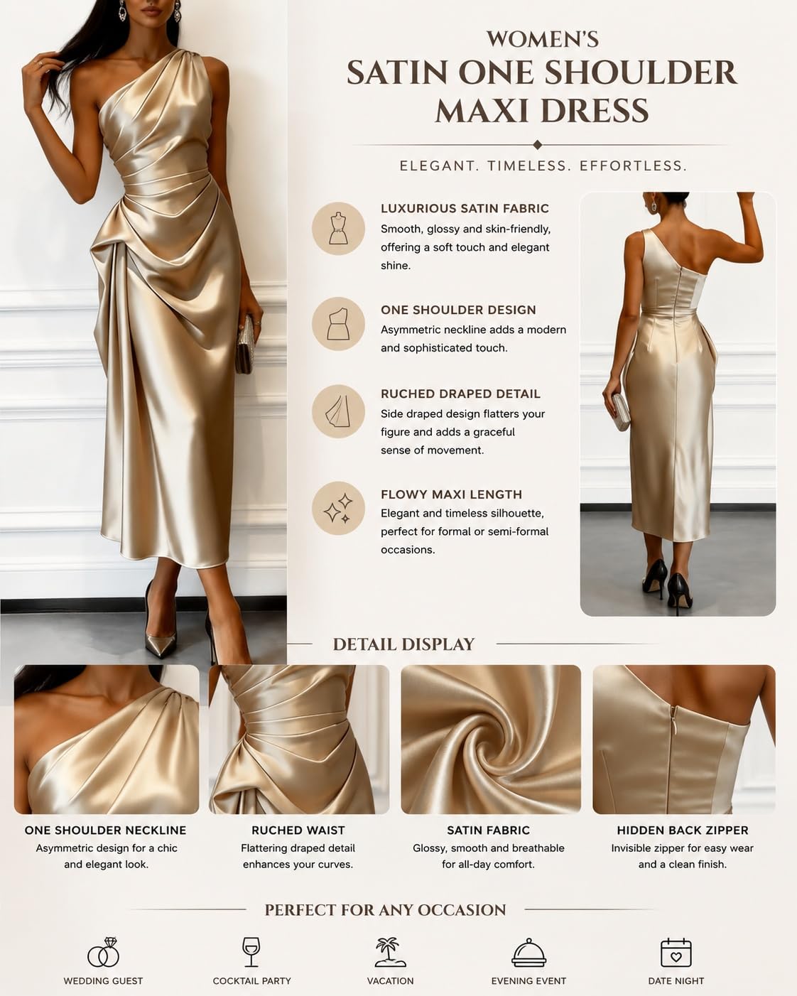 Abiti Eleganti Donna Abito da Donna in Raso Monospalla Elegante Senza Maniche con Drappeggio Perfetto per Invitate A Matrimoni Abito Midi Aderente in Seta Drappeggiato per Donna Completo