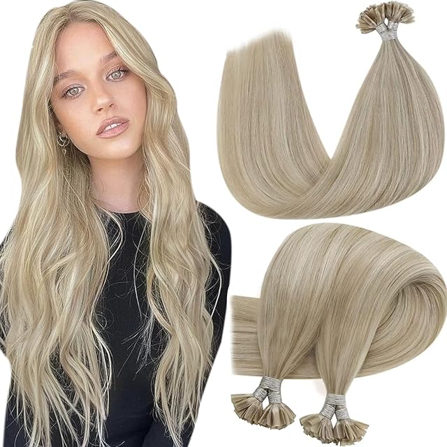 Hetto Ash Blonde U Tip Extensions Remy Keratin Tip Hair Extensions 100% Real Hair Nail Tip Extensions#18/613 Ash Blonde With Bleach Blonde 14Inch 50g