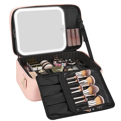 Miniatura 16 de Relavel Estuche de Maquillaje Train Case con Espejo LED, Bolsa de Cosméticos de Viaje Profesional con Particiones Removibles, Organizador de