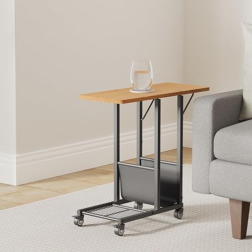 Miniatura 2 de Simple Trending Mesa auxiliar en forma de C, bandeja plegable para TV, mesa auxiliar para sofá con ruedas, color negro