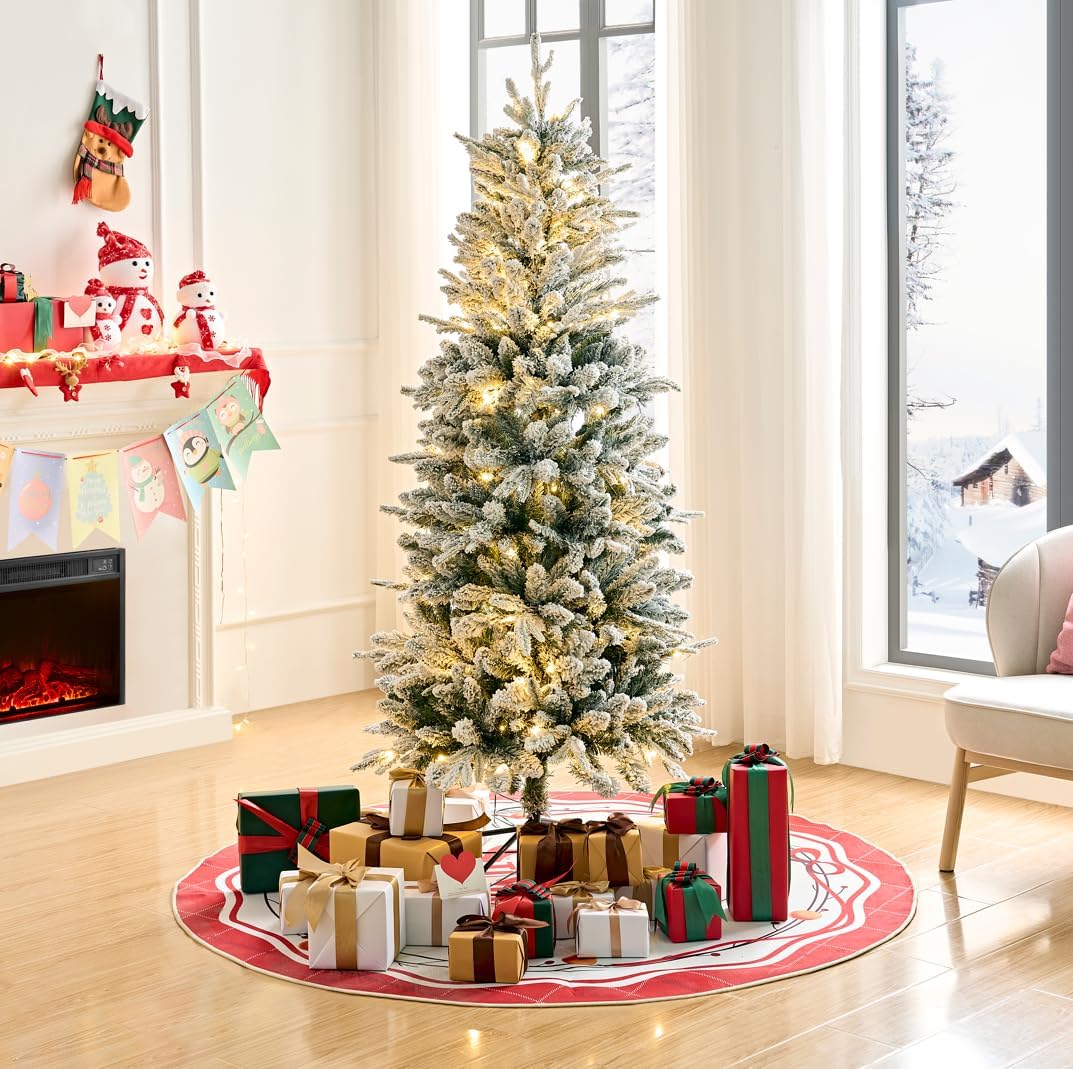 6FT Pre-Lit Snow Flocked Pencil Christmas Tree with 270 Warm White Lights, 650 Branch Tips, Easy Assembly Artificial Holiday Decoration for Home & Party