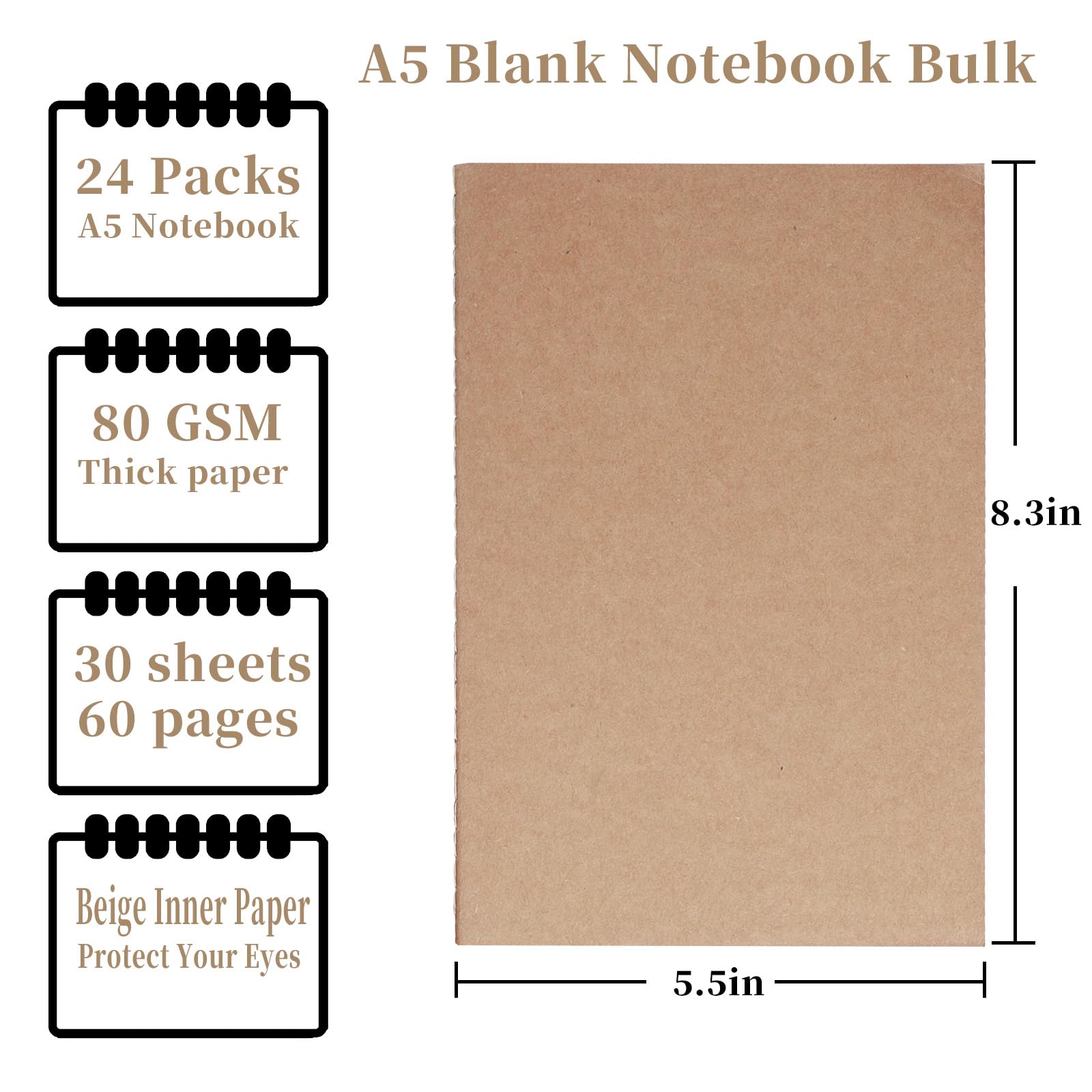 Paquete de 48 cuadernos de papel kraft en blanco A5 a granel, cuadernos de diario, 8.3 x 5.5 pulgadas, 60 páginas, cuaderno de composición, diario de viaje para el trabajo, escuela, estudiantes