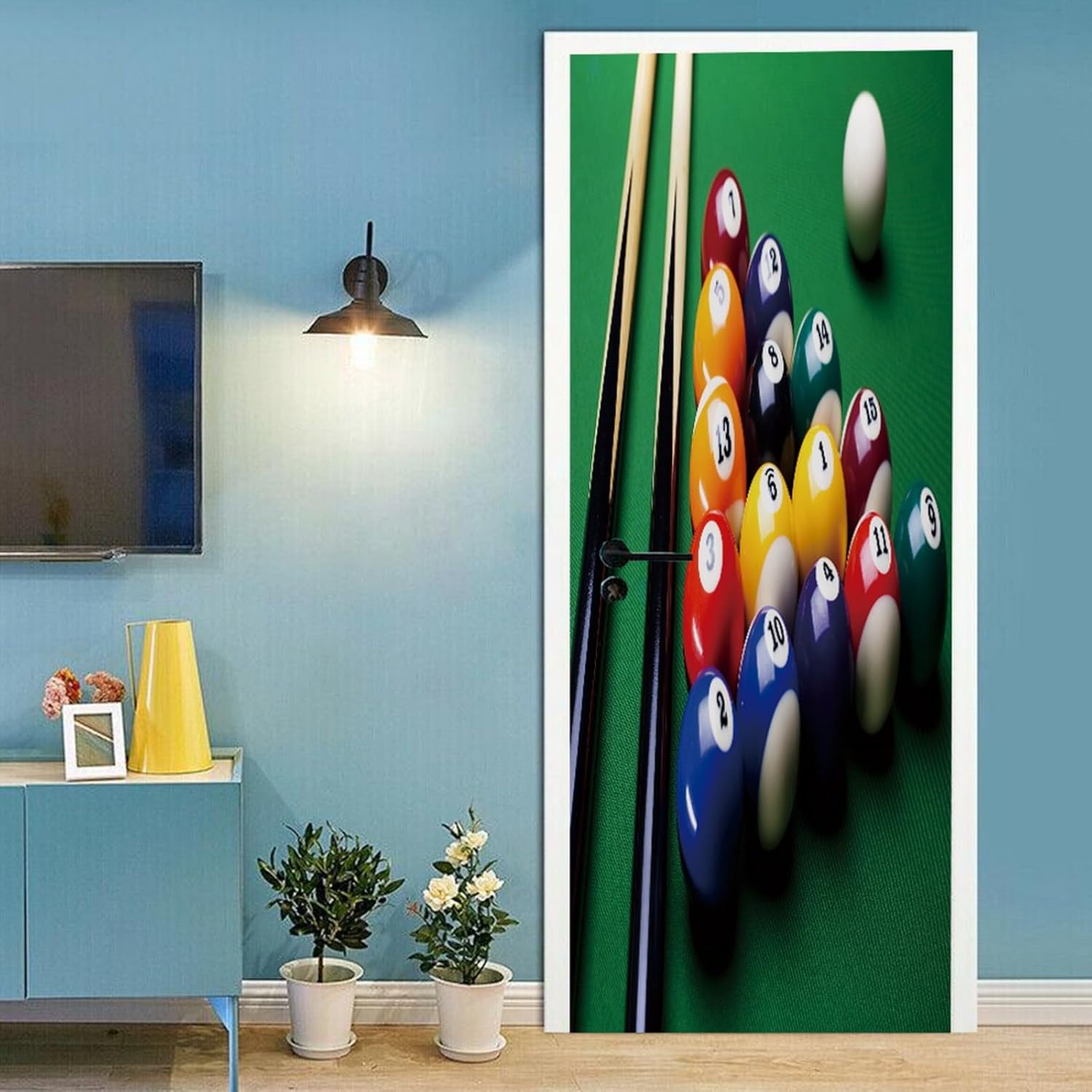 A.Monamour 3D Door Stickers for Interior Doors Billiard Balls and Billiard Cue on Green Table Vinyl Waterproof Self Adhesive Door Mural Decals for Bedroom Office Bathroom 90x200cm