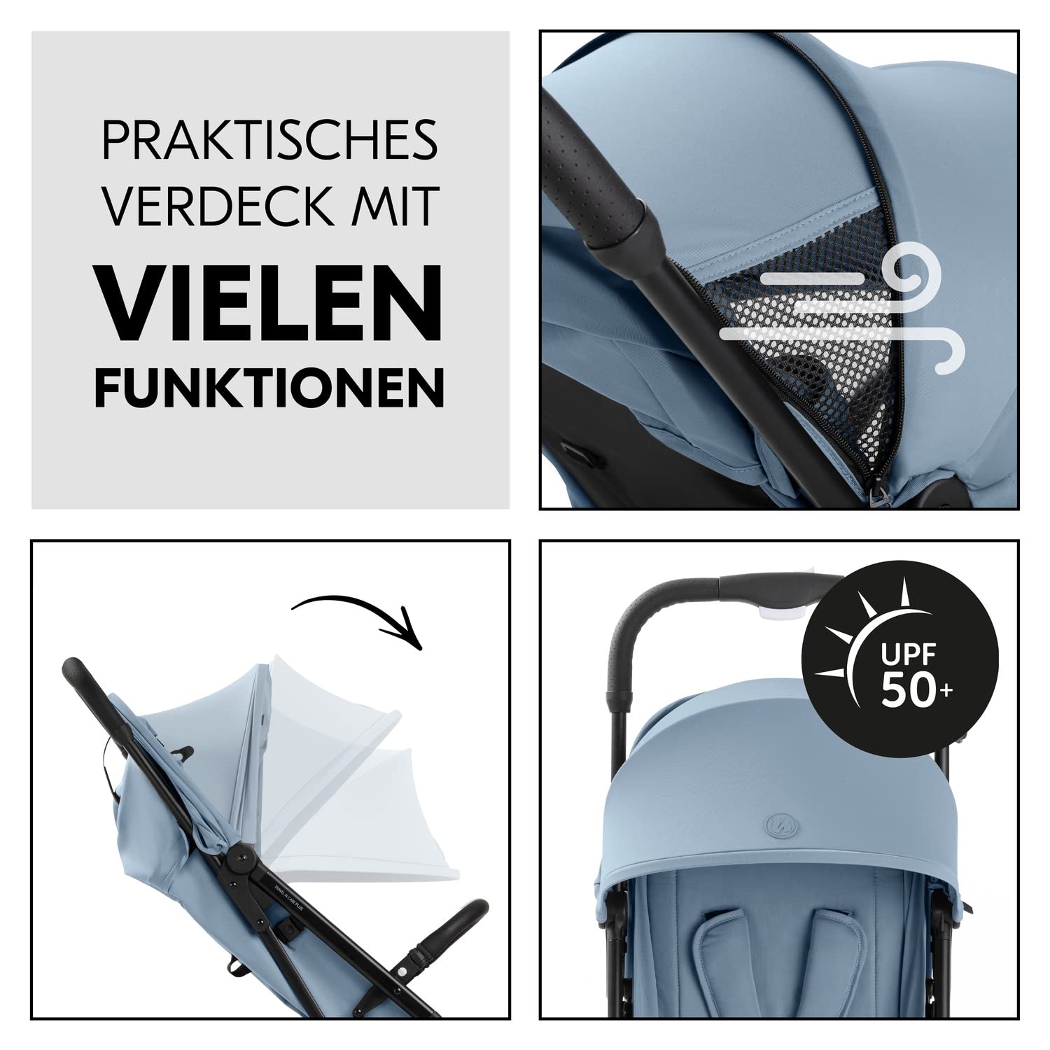 Hauck Travel N Care Dusty Blue Reisebuggy Einhändig Klappbar Leichter Buggy mit Tragegurt Kopfpolster Stretch-Stoff Liegeposition bis 22 kg UV-Schutz 50+ PU Räder