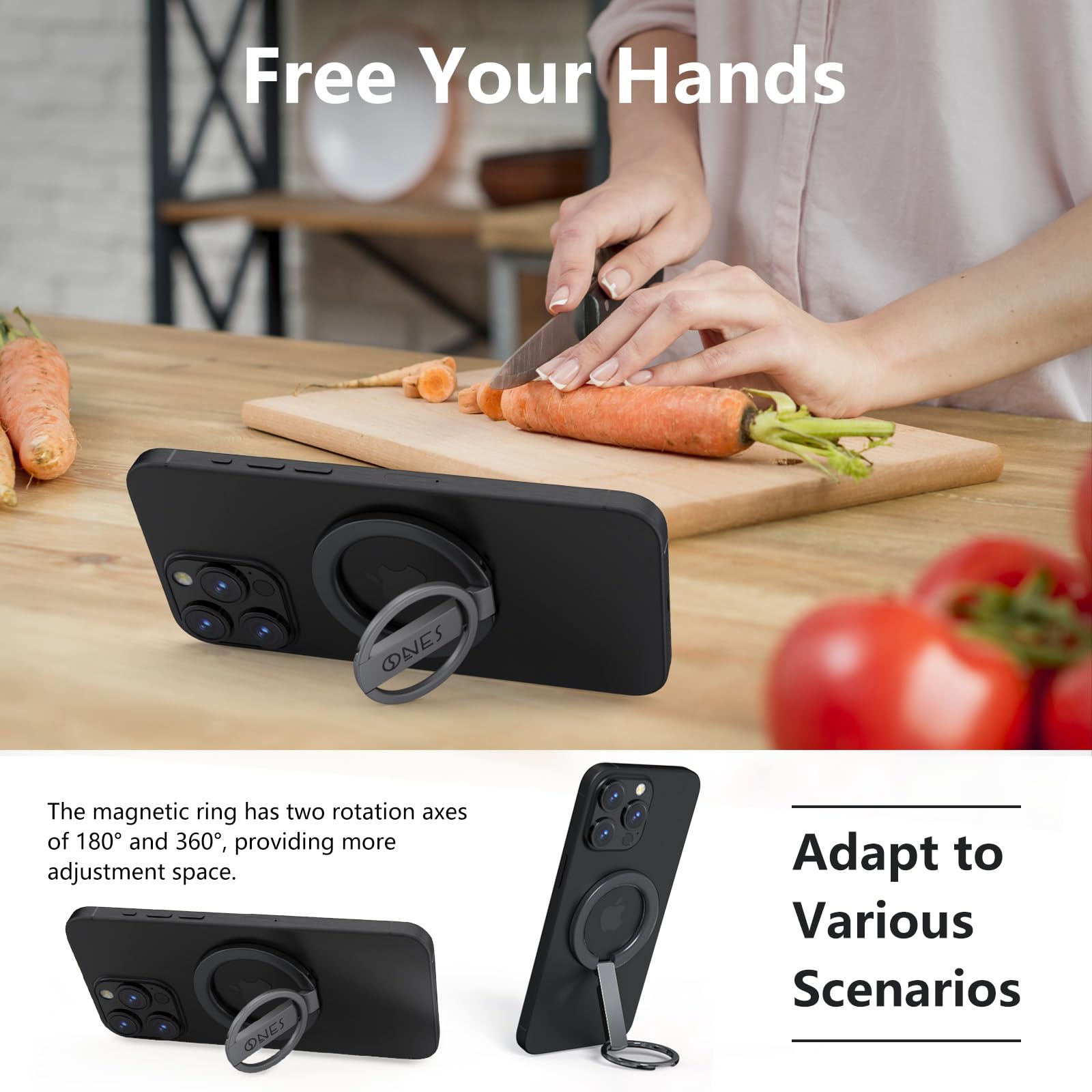 Soporte Magnético ONES Para Anillo De Teléfono Con MagSafe, Ajustable Y Súper Práctico, Agarre Cómodo, Compatible Con Carga Inalámbrica, Para IPhone, Galaxy Y Todas Las Fundas Estándar – Negro Clásico