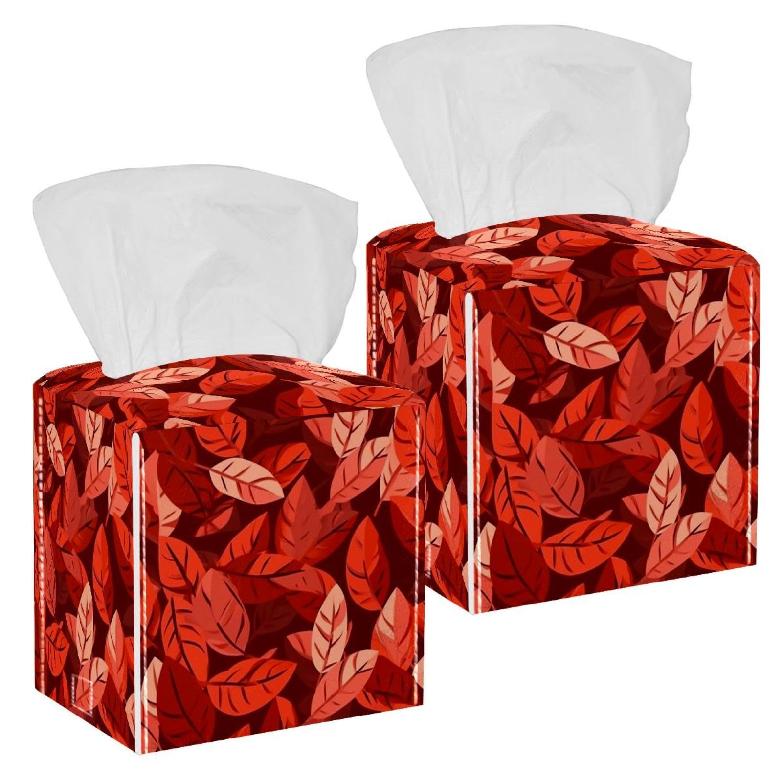 Artistic Leaves Tissue Box Cover, 2 Pack PU Leather Square Facial Tissue Dispenser Box holder for Home Office Car