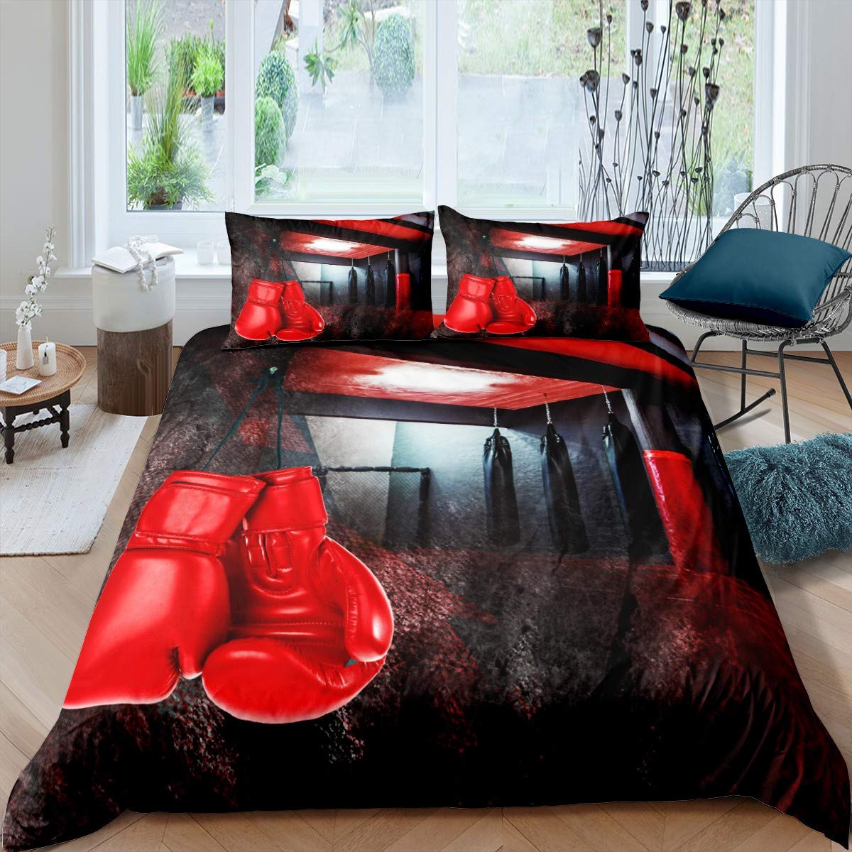 richhome Boxing Duvet Cover Set Sports Themes Kids Bedding Set Junior/Cot Bed Boys Girls Men Red Boxing Gloves Pattern Comforter Cover Boxing Games Retro Decor