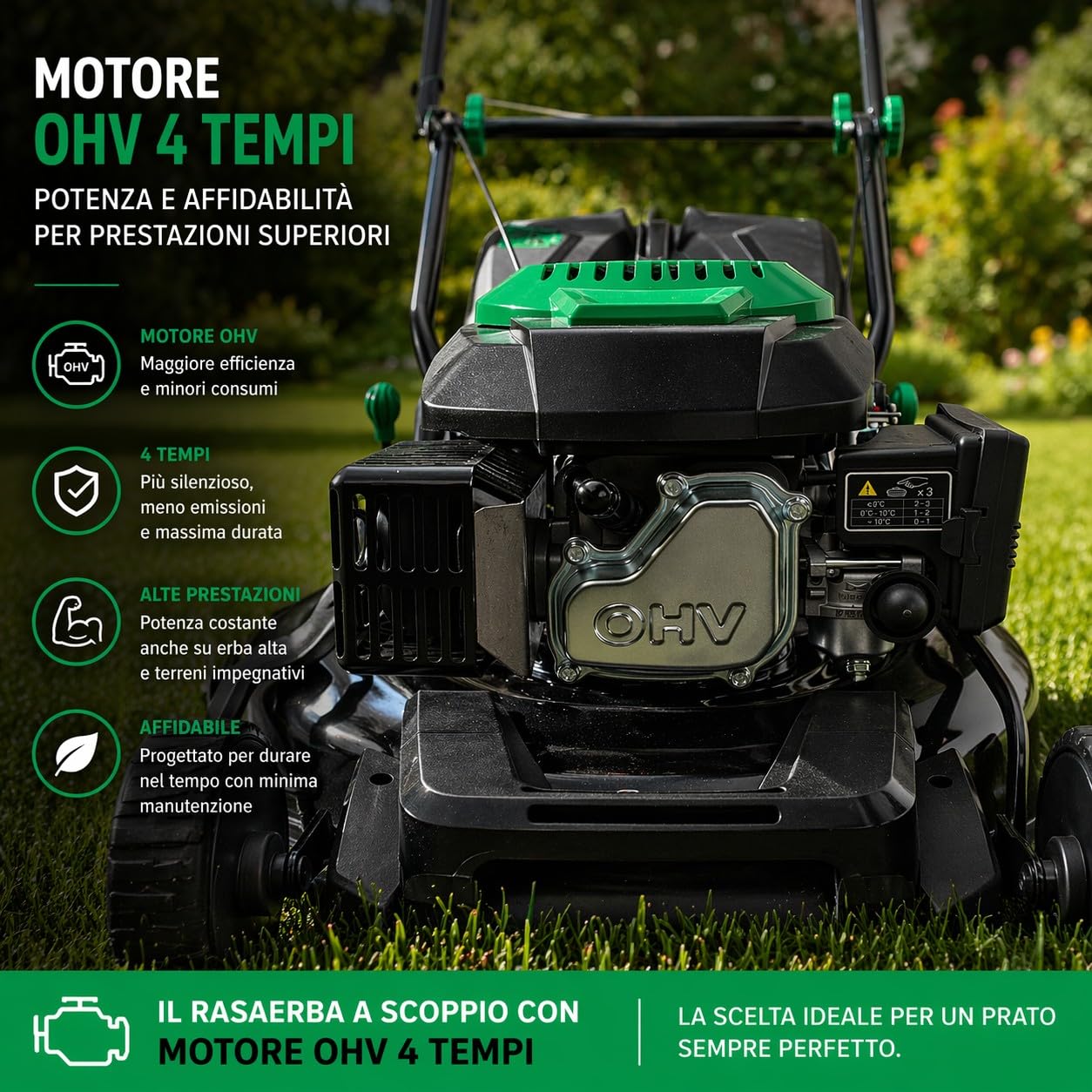 Tosaerba Rasaerba Semovente a Scoppio Motore 4 Tempi 146cc 3KW Taglio 46cm a Trazione 4 in 1 Mulching Raccolta Scarico Laterale Posteriore Regolazione Altezza di Taglio a 7 Livelli 25-70 mm Giardino