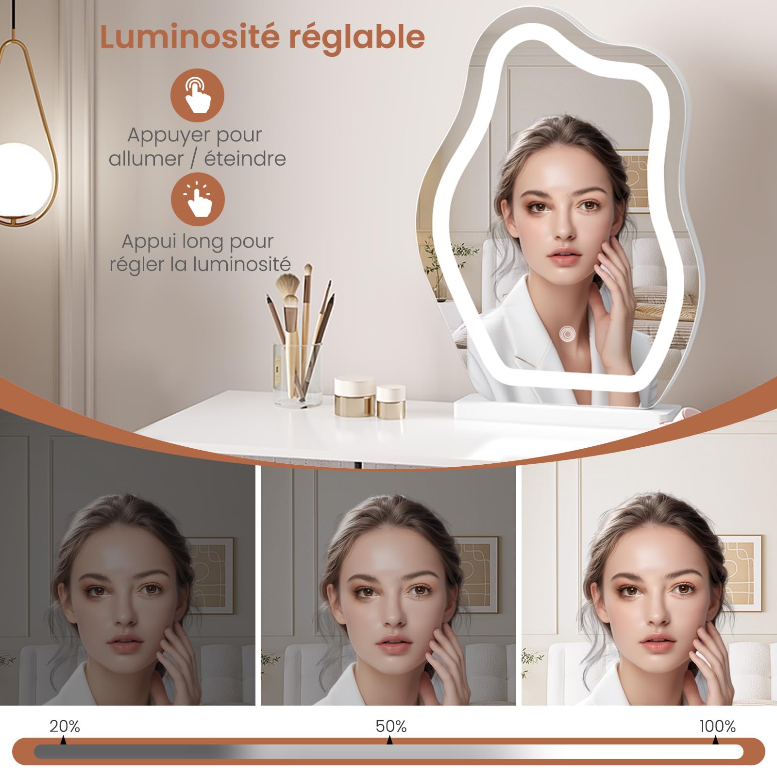 WOLTU Miroir de Maquillage Lumineux, 3 Niveaux d'Éclairage Luminosité