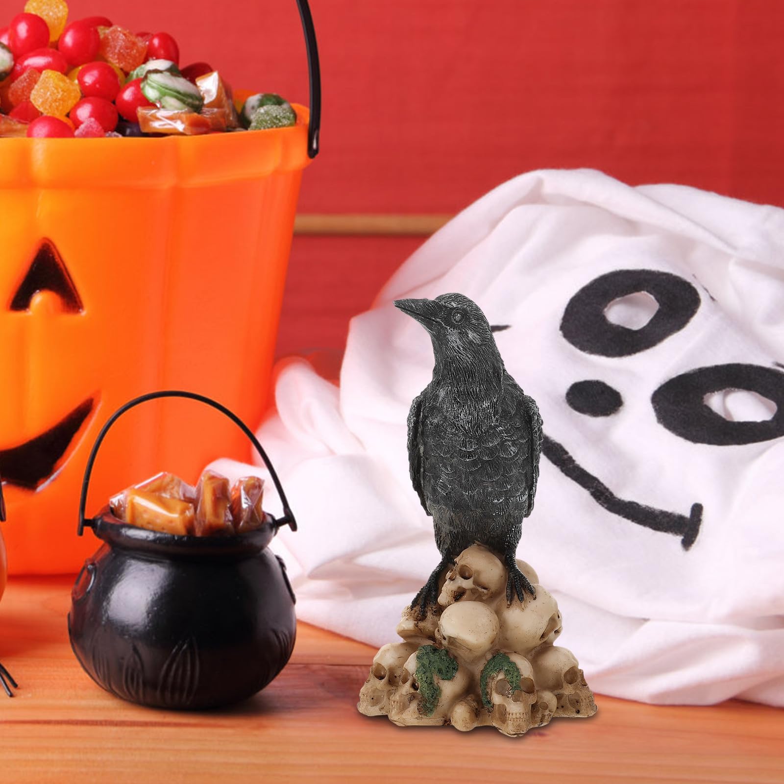 Uonlytech 3 Pezzi Statua Decorativa di Halloween in Resina con Teschio Nero, Gatto e Corvo Realistici, Resistente All’usura, per Decorazioni Tavolo Festa di Halloween