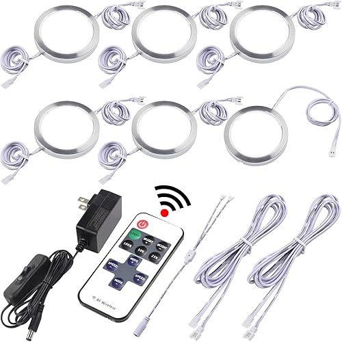 Miniatura 8 de Luces para debajo de la encimera, iluminación LED de disco para gabinete Curio, 110 V enchufado en pared, control remoto inalámbrico RF regulable,