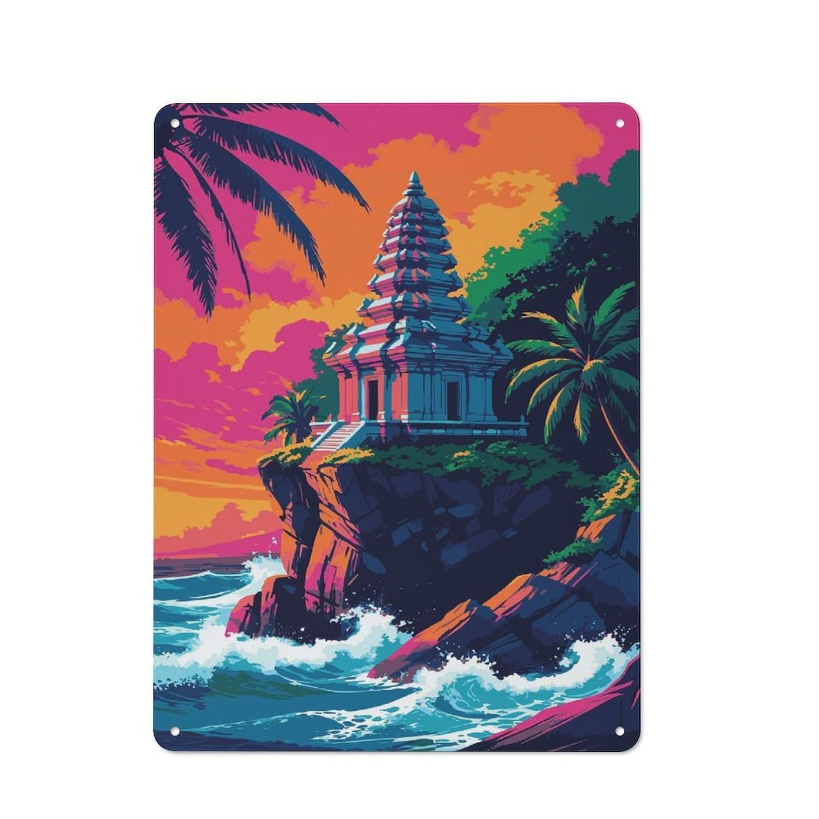Tropical Temple on Cliffside Art Vintage Metal Sign 40x30cm, Vintage Cafe Wall Decor for Takeaway, Bar, Kitchen Or Counter Area