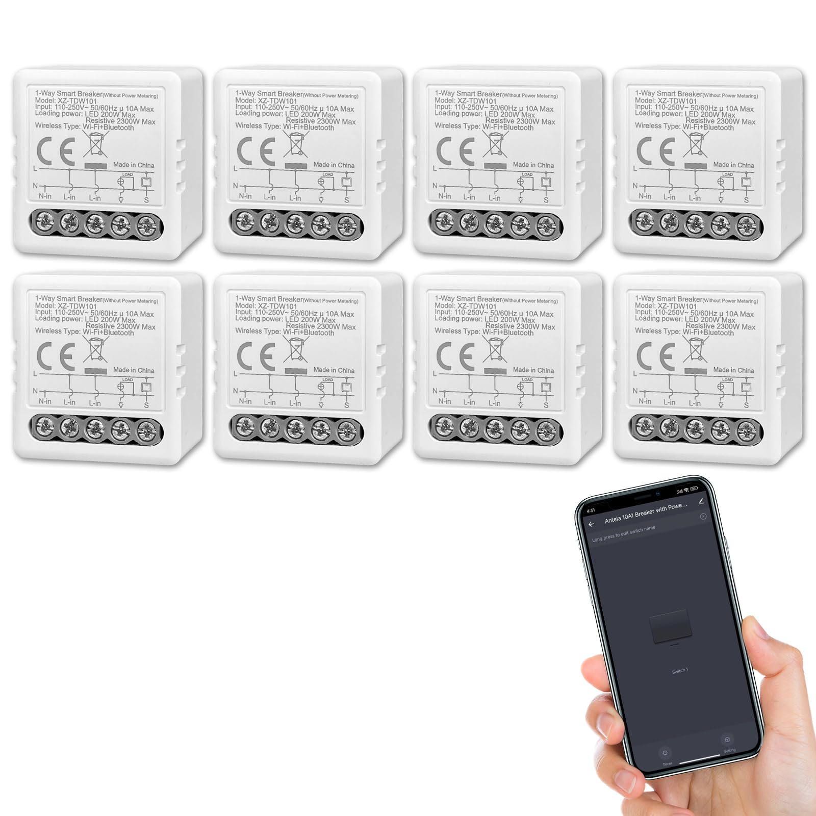 ANTELA Interruptor de relé inteligente WiFi y Bluetooth 10 A 1 canal, compatible con Alexa, aplicación Smart Life, temporizador y cuenta atrás, 2,4 GHz, 8 unidades