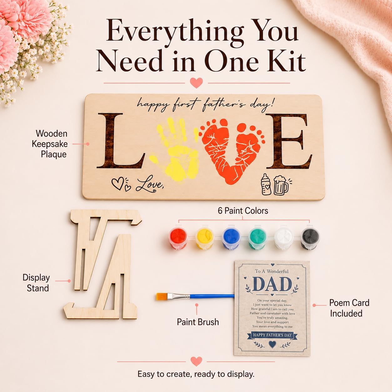 Love Happy First Father's Day Wooden Plaque, DIY Baby's First Fathers Day Footprint Handprint Sign, Baby Milestone Art Craft, 1st Fathers Day Keepsake, Gifts for New Dad, Newborn Baby Kid Toddlers