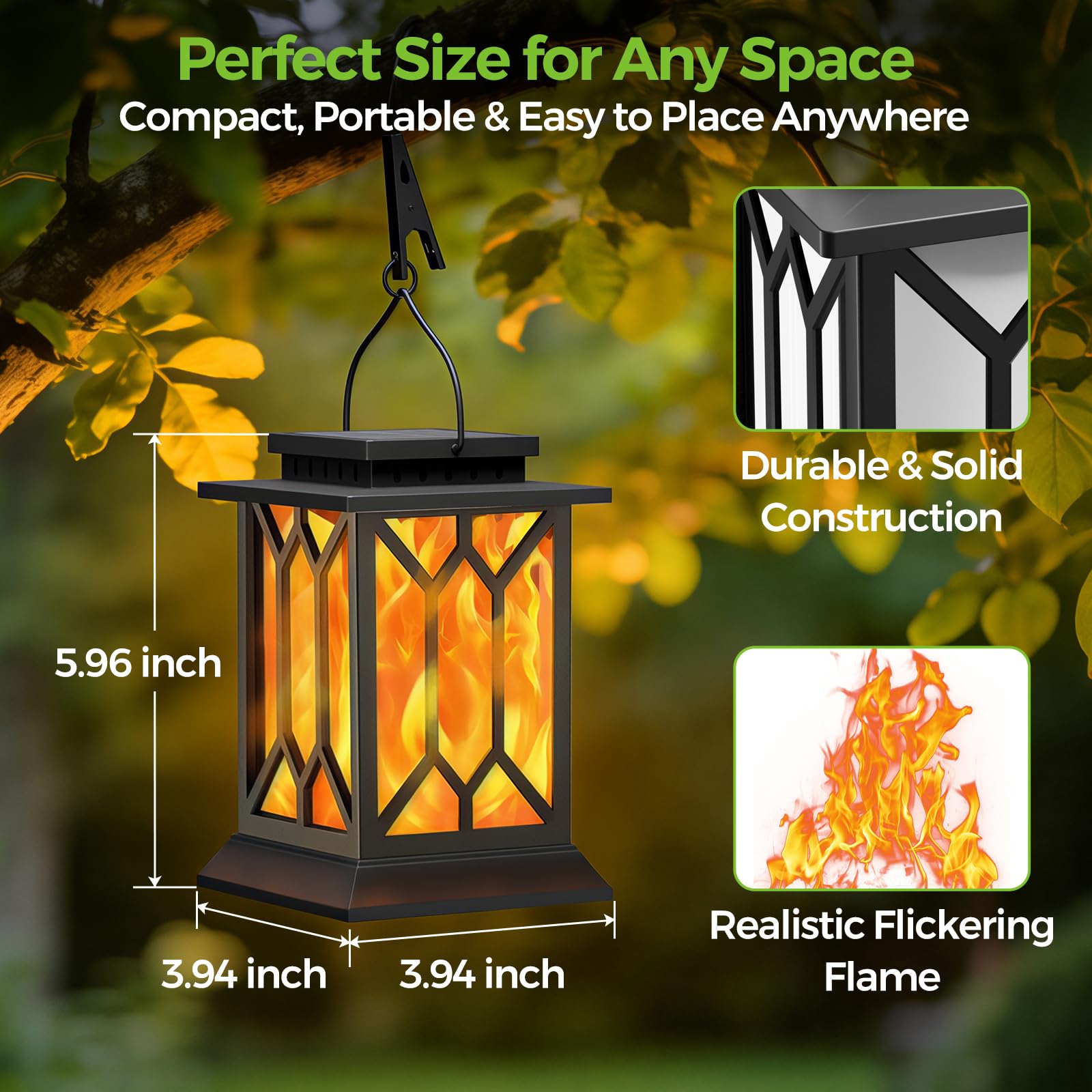 BOBKID Confezione da 2 lanterne solari per esterni, impermeabili, con fiamma tremolante, lampade decorative a energia solare, per esterni, giardino, cortile, patio, sentiero, decorazione per alberi