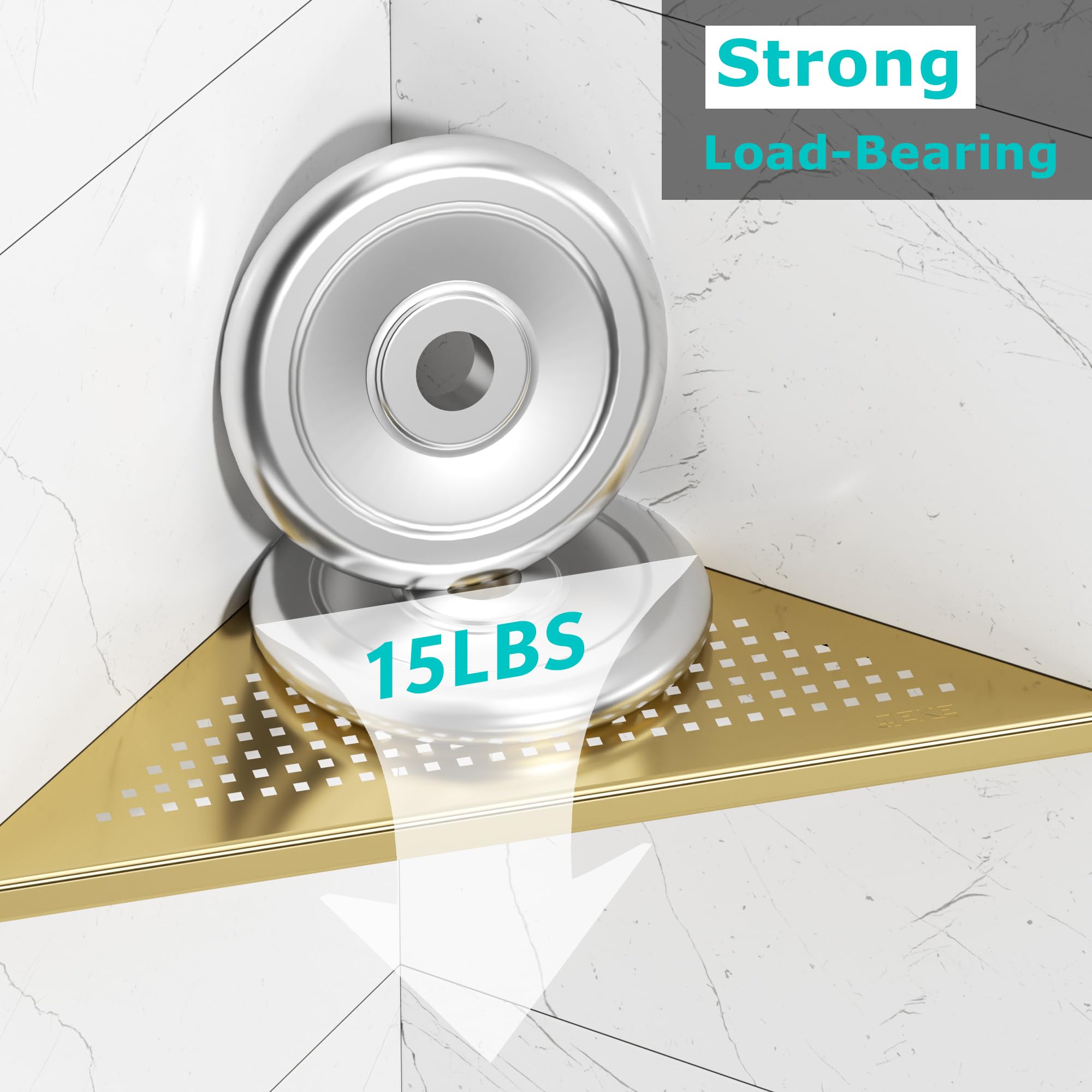 Qeke Estante esquinero de baño, empotrado de 12 pulgadas, estante de ducha de acero inoxidable SUS304 triangular para montaje en pared, sin taladrar, dorado cepillado
