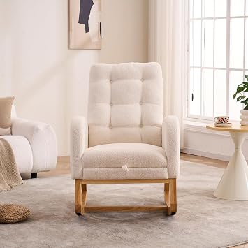 Spaco Rocking Chair with Footrest,Teddy Fabric Accent Chair with Buttons High Back,Padded Seat,Solid Wood Rocking Legs,Modern Comfy Armchair for Living Room,Office. Beige