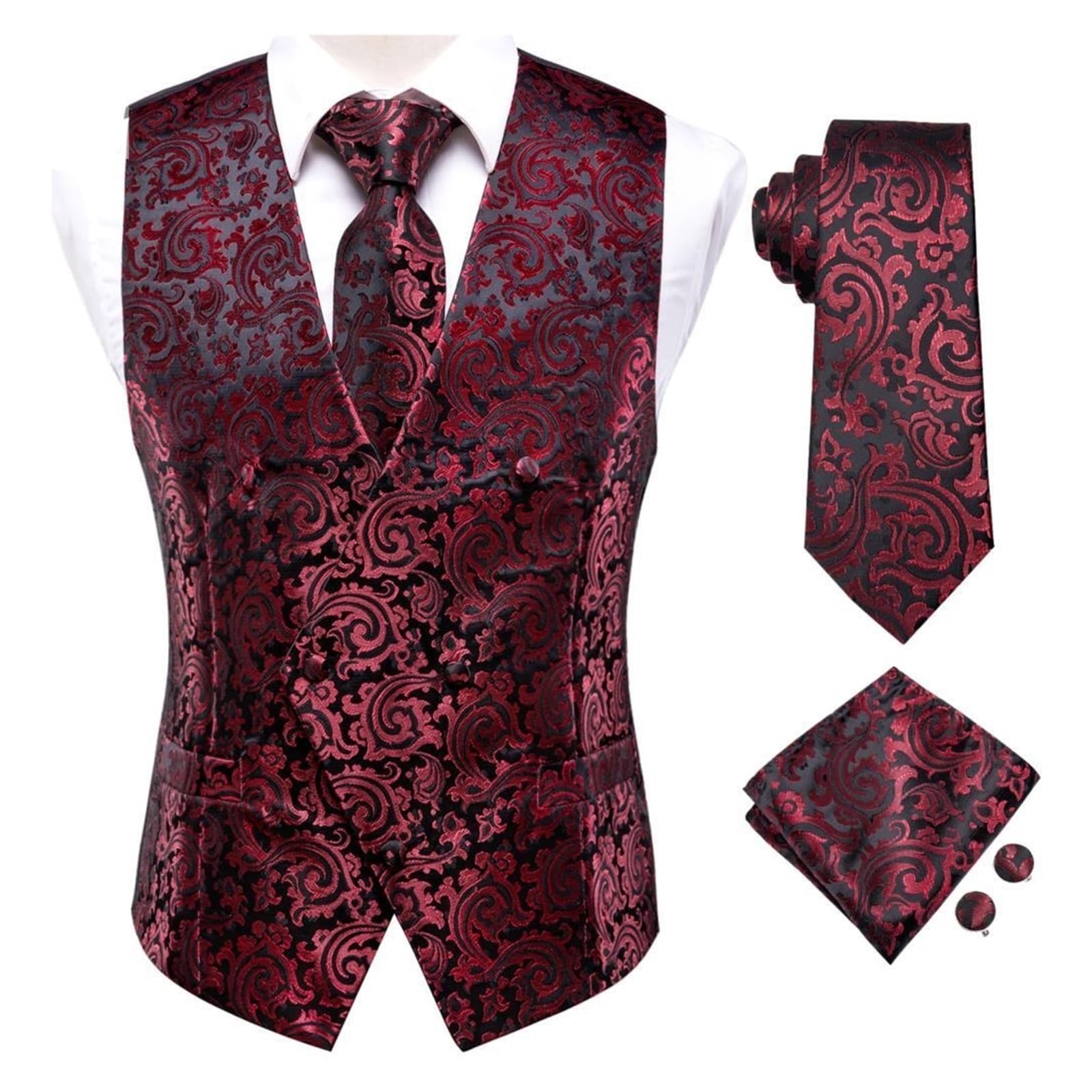 AHIOJEGX Men's Waistcoats Red Silk Mens Dress Vest Tie Hanky Cufflinks Set Sleeveless Floral Waistcoat Jacket(L)
