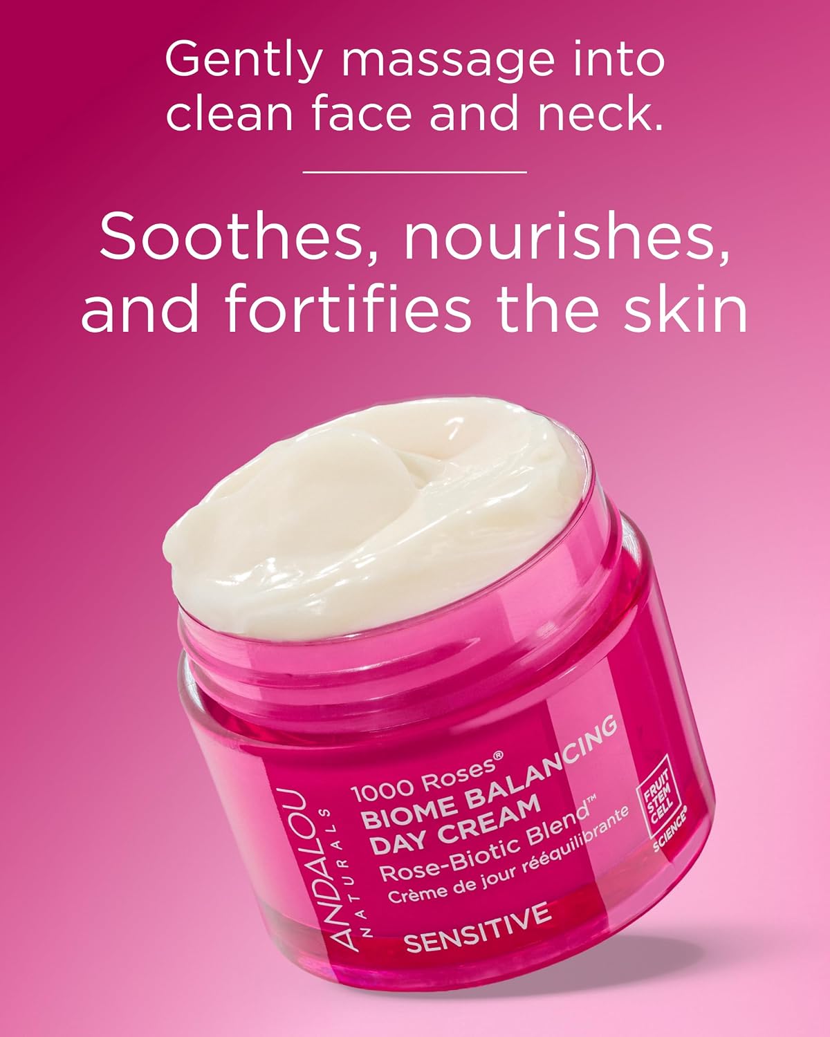 Andalou Naturals 1000 Roses Skin Biome Balancing Day Cream - Lightweight Face Moisturizer with Alpine Rose Stem Cells, Postbiotics - Soothing Hydration for Sensitive Skin - 1.7 Oz