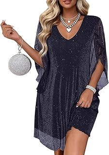 Women's Sparkly Cocktail Dresses for Wedding Guest Flutter Sleeve Loose ...